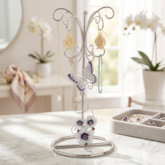 Vintage Style metal enamelled jewellery stand, with purple flowers and butterflies 22.5cm tall ukgiftstoreonline