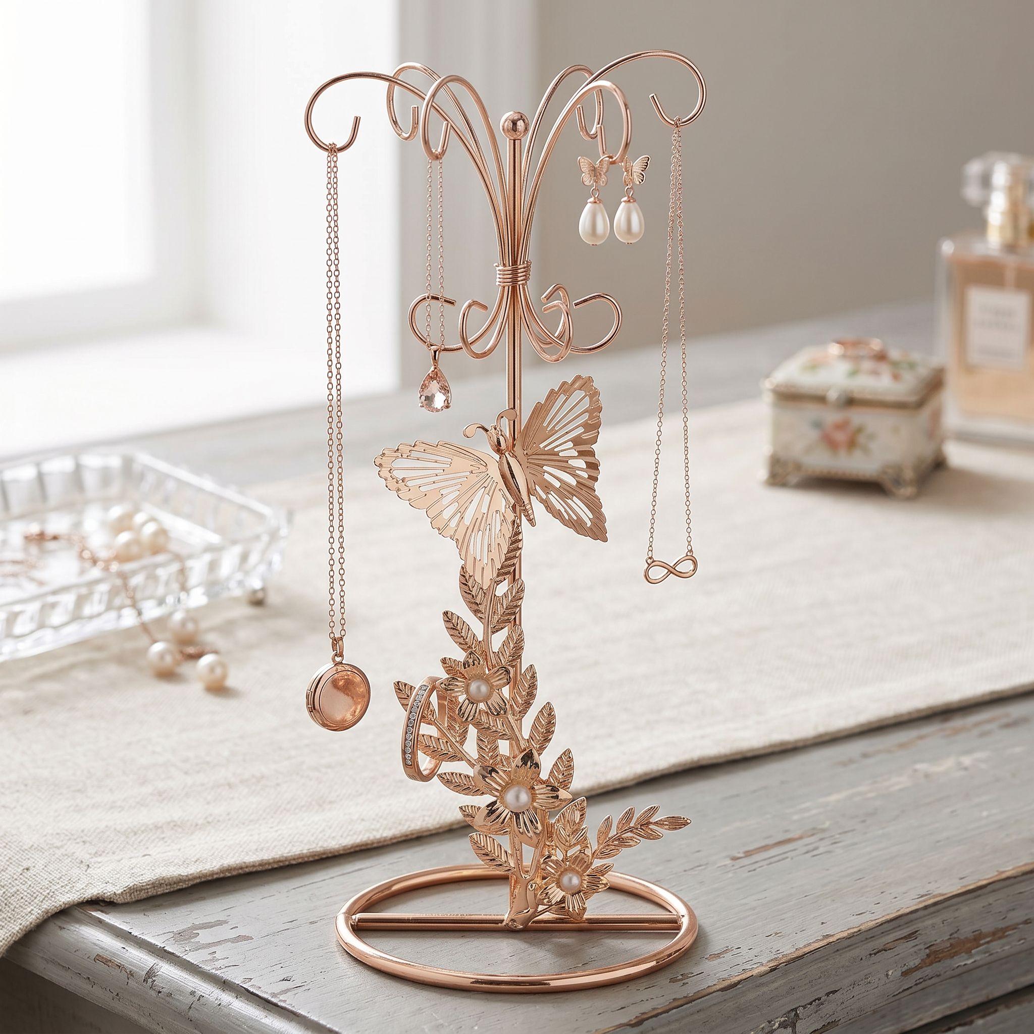 Vintage Style gold metal jewellery stand, with flowers and butterflies 22.5cm tall ukgiftstoreonline