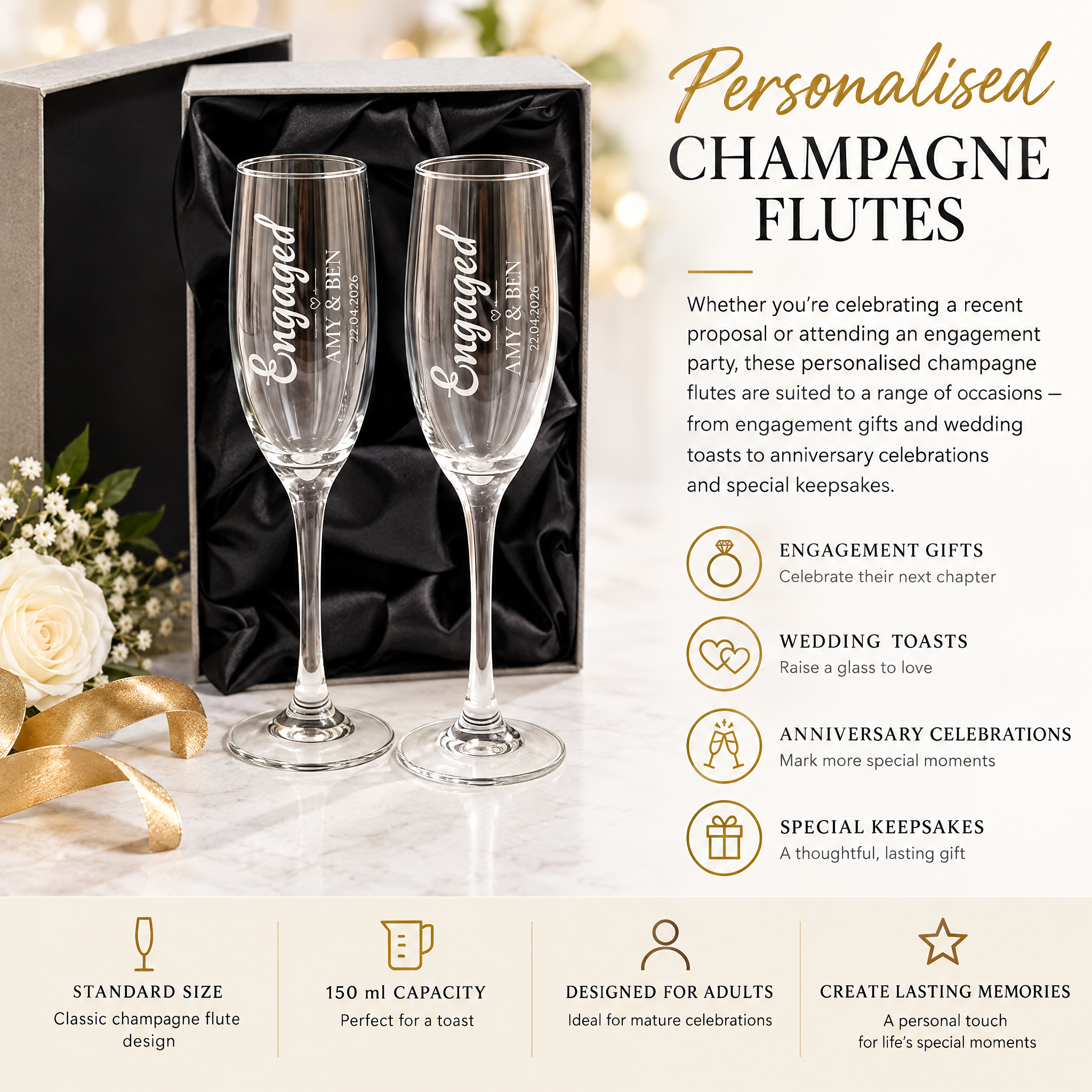 Personalised Engagement Champagne Glasses – Custom Engraved Flutes With Luxury Gift Box Personalised Champagne Glasses ukgiftstoreonline