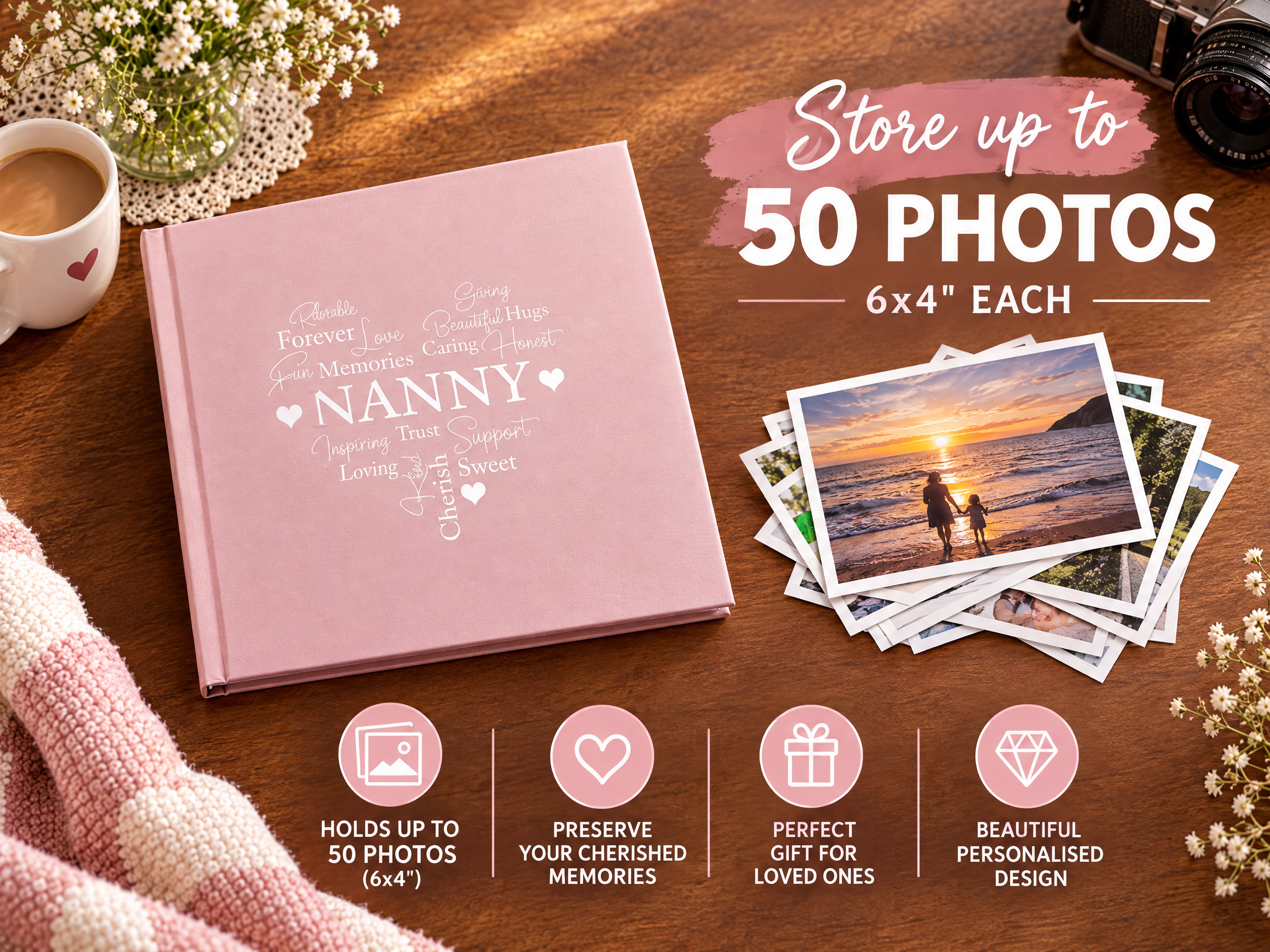 Nanny Word Heart Pink Photo Picture Album 50 x 6"x4" Nanny Photo Album ukgiftstoreonline