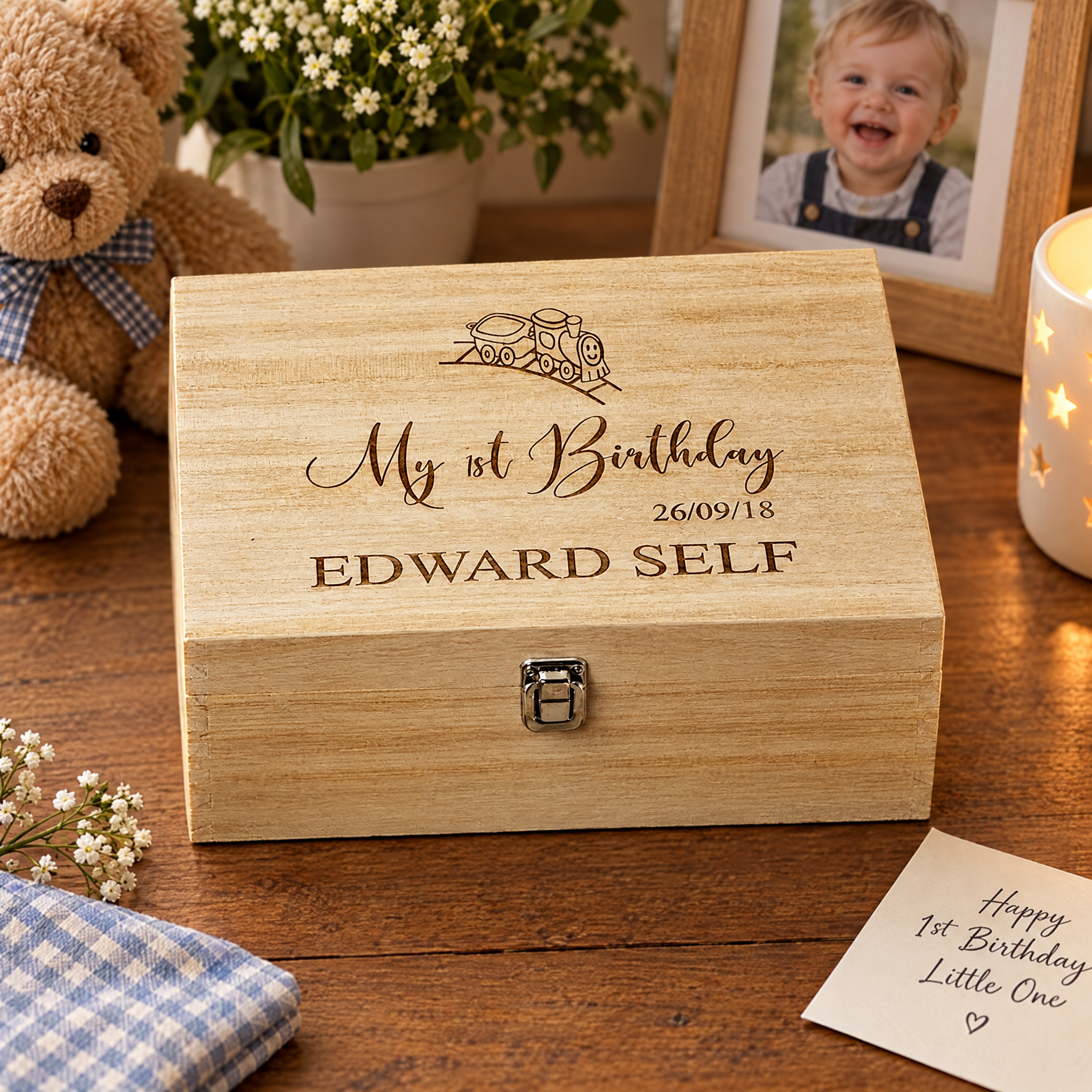 Personalised Large Boy's First Birthday Gift Keepsake Box Engraved Personalised Birthday Gift Raised Words