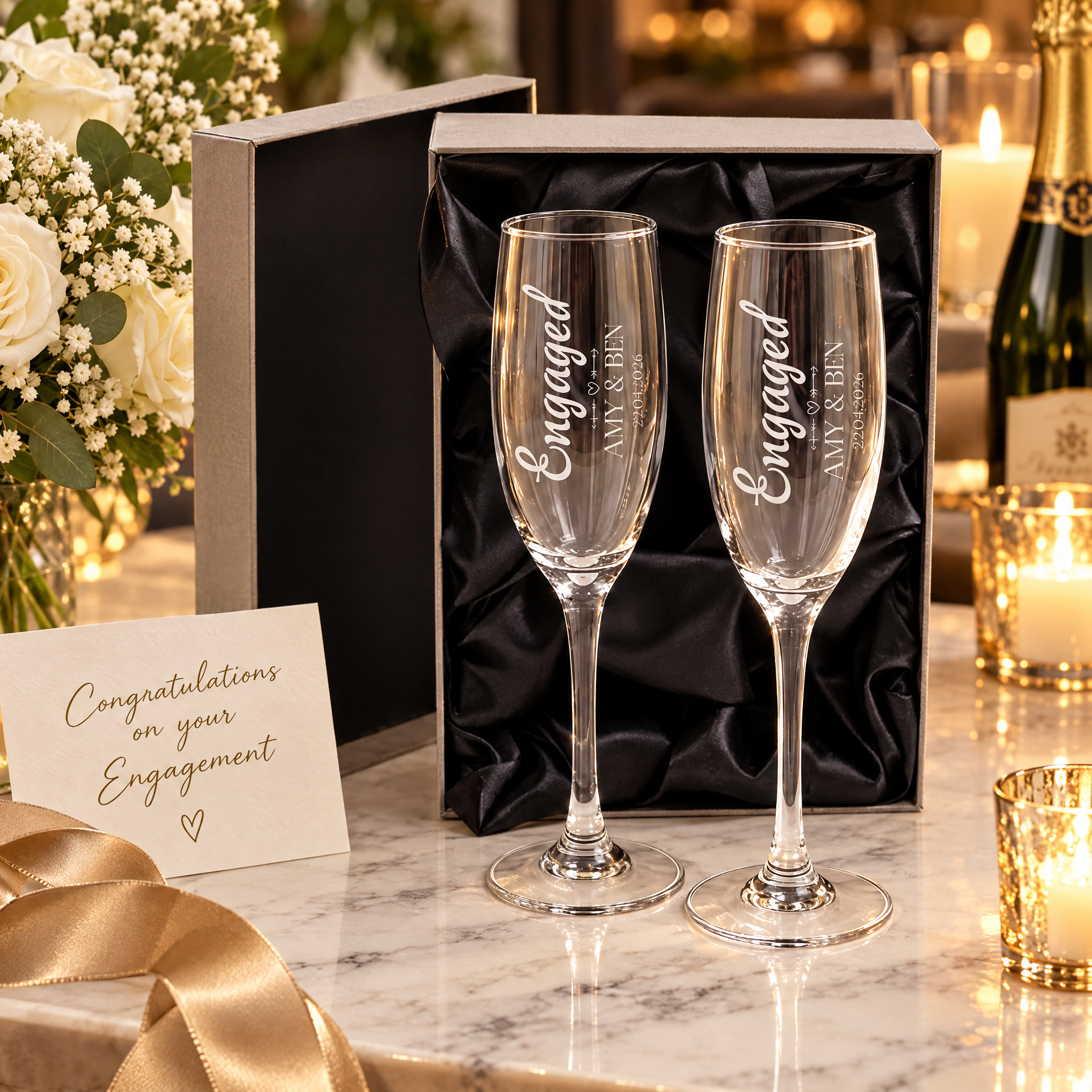 Personalised Engagement Champagne Glasses – Custom Engraved Flutes With Luxury Gift Box Personalised Champagne Glasses ukgiftstoreonline