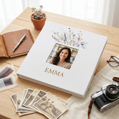 Personalised Any Name Photo Album Large Linen Cover Self Adhesive Pages With Wildflowers
