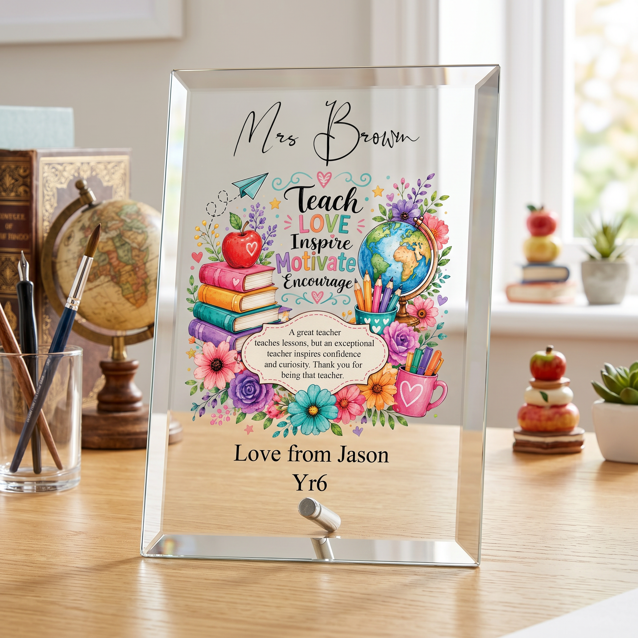 Personalised Teacher Gift Plaque, Keepsake, Motivate Quote (18cm x 13cm, Thick Glass, Custom Print) ukgiftstoreonline