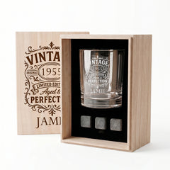 Personalised Any Year and name Whisky Gift Set Stones & Tumbler Glass Engraved