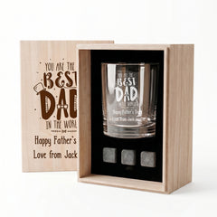 Personalised Best Dad Whisky Gift Set Stones & Tumbler Glass Engraved For Fathers Day Birthday or Christmas