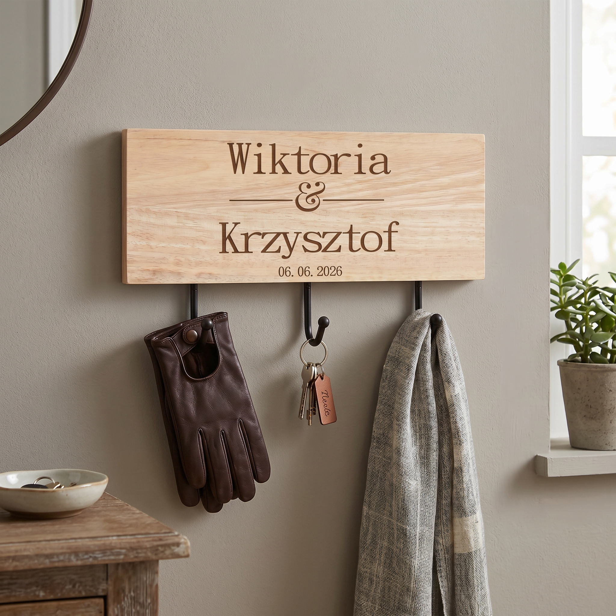 Personalised Engraved Wooden Wedding or Anniversary Key or Coat Hook ukgiftstoreonline