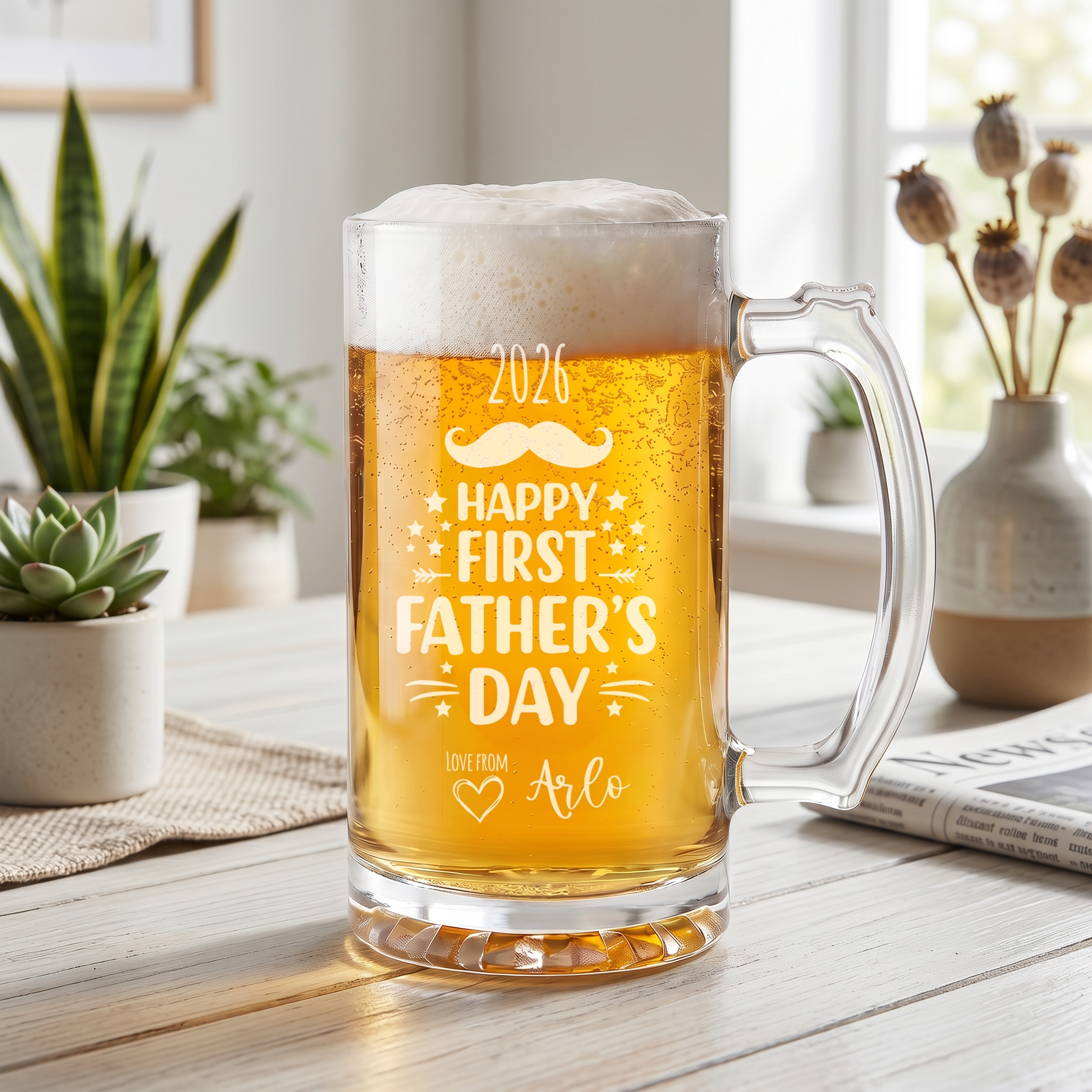 Engraved First Fathers Day Beer Glass Mug With Handle For New Dads and Grandads personalised beer glasses ukgiftstoreonline