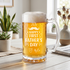 Engraved First Fathers Day Beer Glass Mug With Handle For New Dads and Grandads personalised beer glasses ukgiftstoreonline