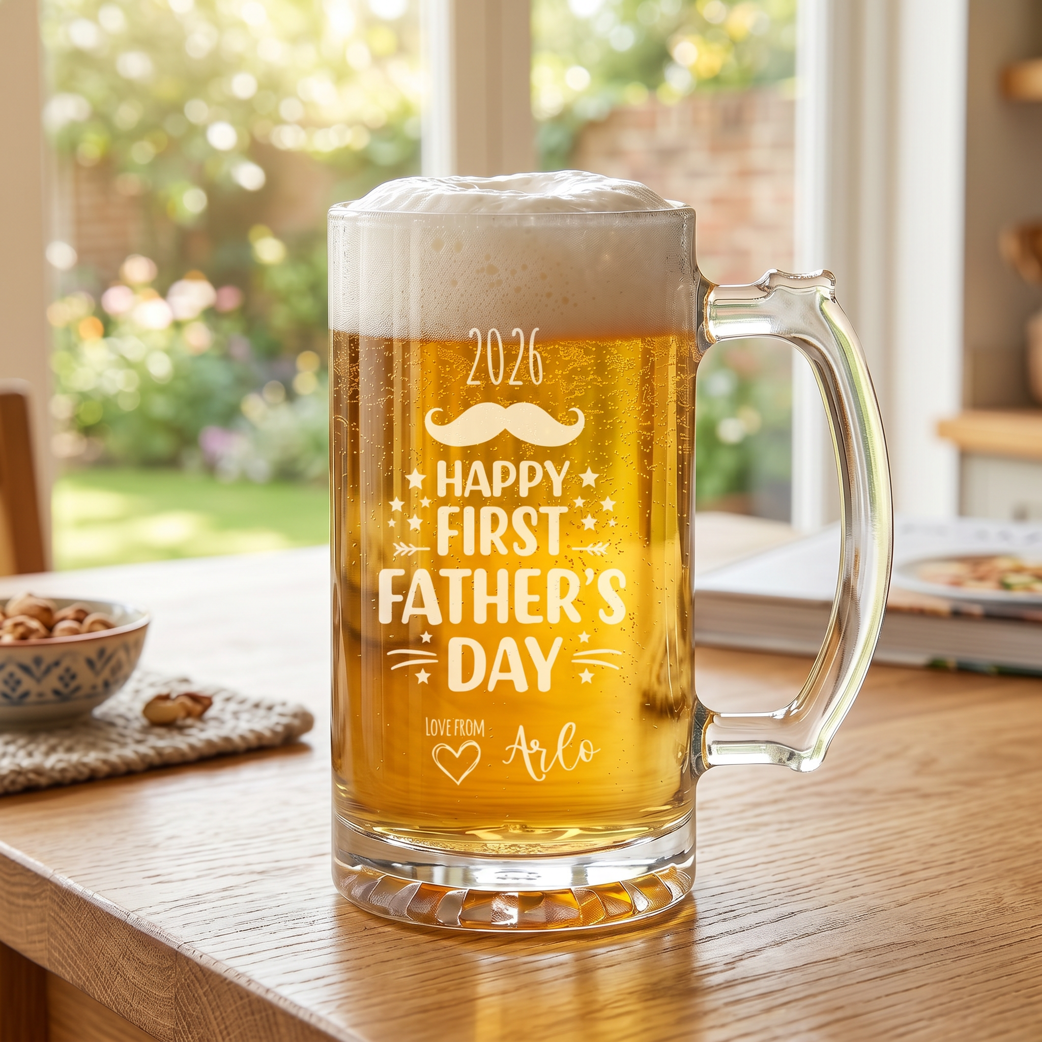 Engraved First Fathers Day Beer Glass Mug With Handle For New Dads and Grandads personalised beer glasses ukgiftstoreonline