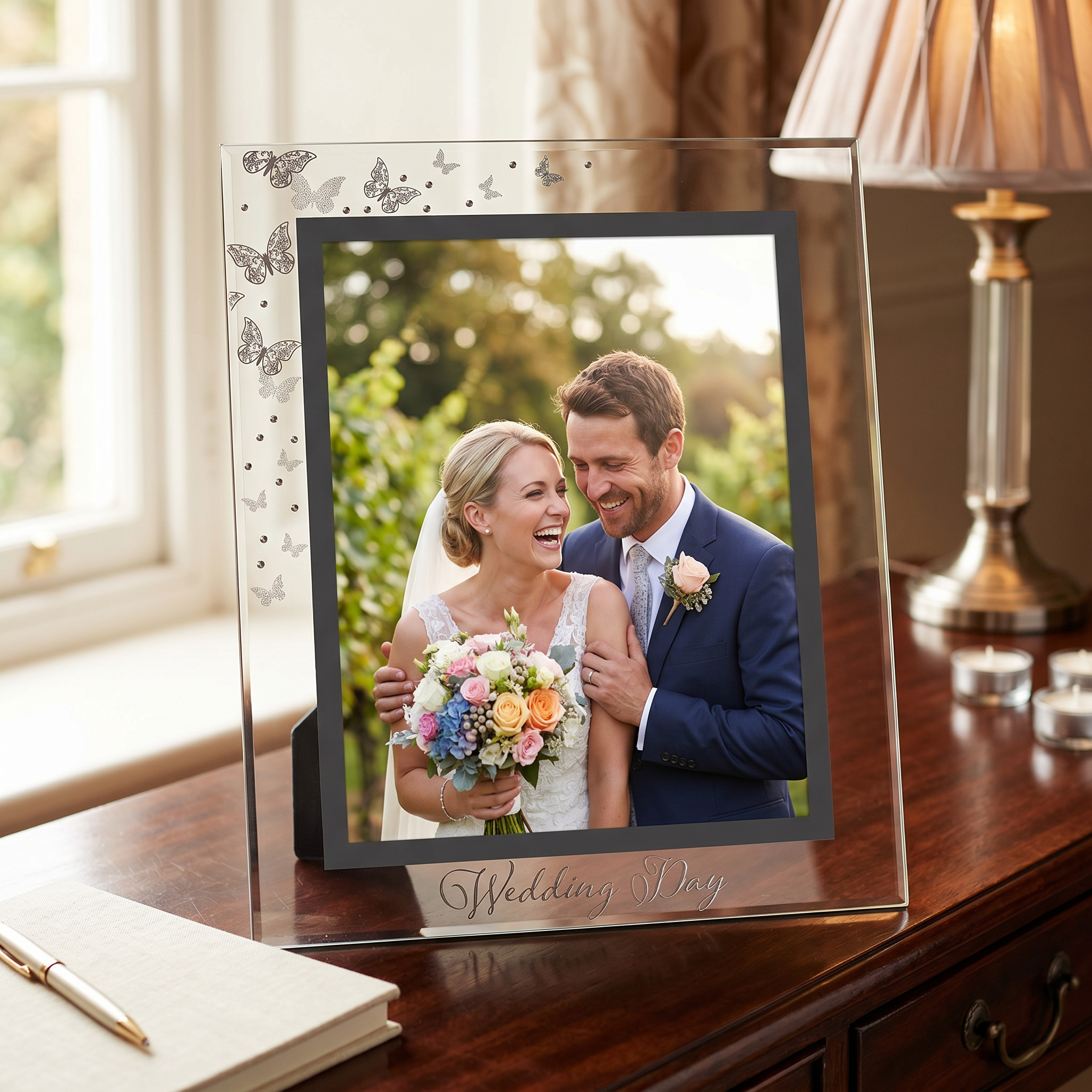 Wedding Photo Frame Large Glass 8x10 With Silver Butterfly Motif - Decorative Keepsake photo frame ukgiftstoreonline