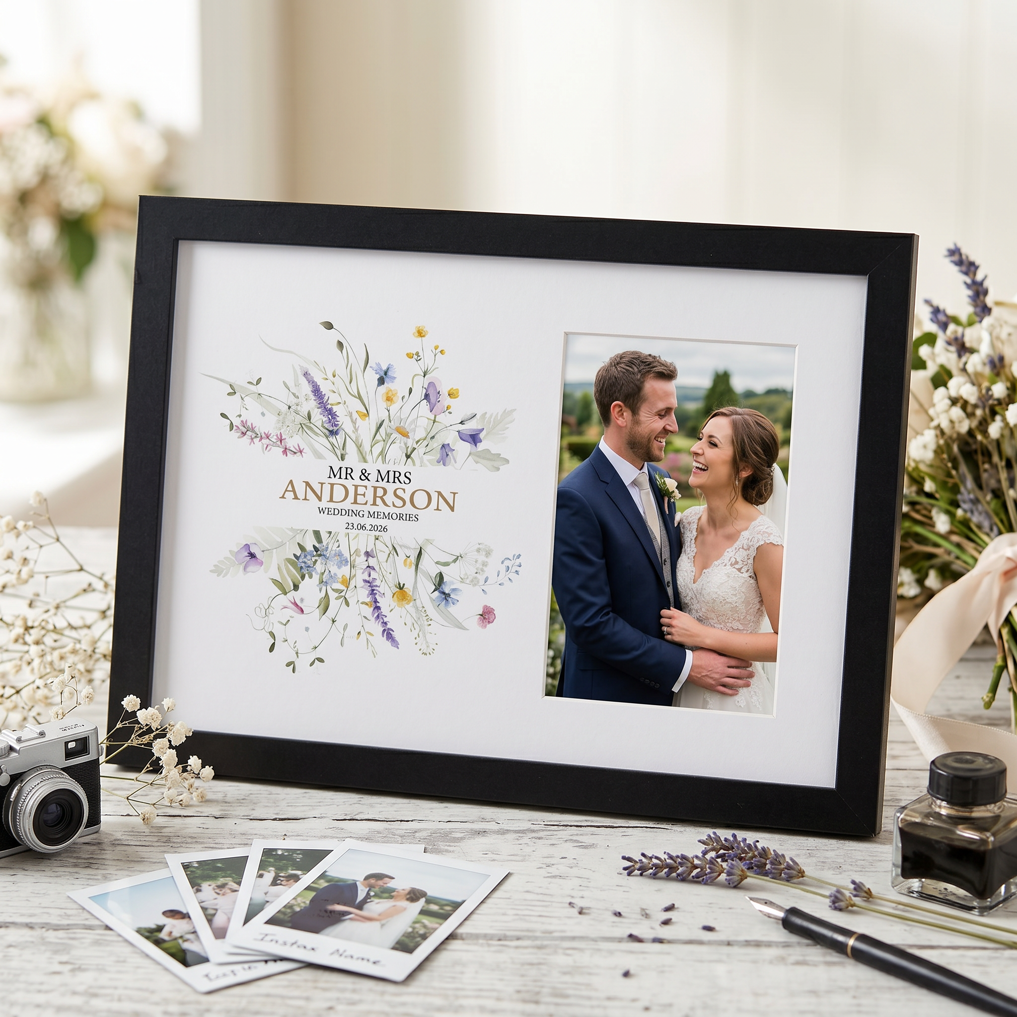 Personalised Wedding Photo Frame – Wooden 6x4 Wildflower Keepsake Gift Photo Frame ukgiftstoreonline Black