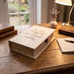 Personalised Gift Engraved Wooden Wedding Keepsake Memory Book Shape Box For Photos etc