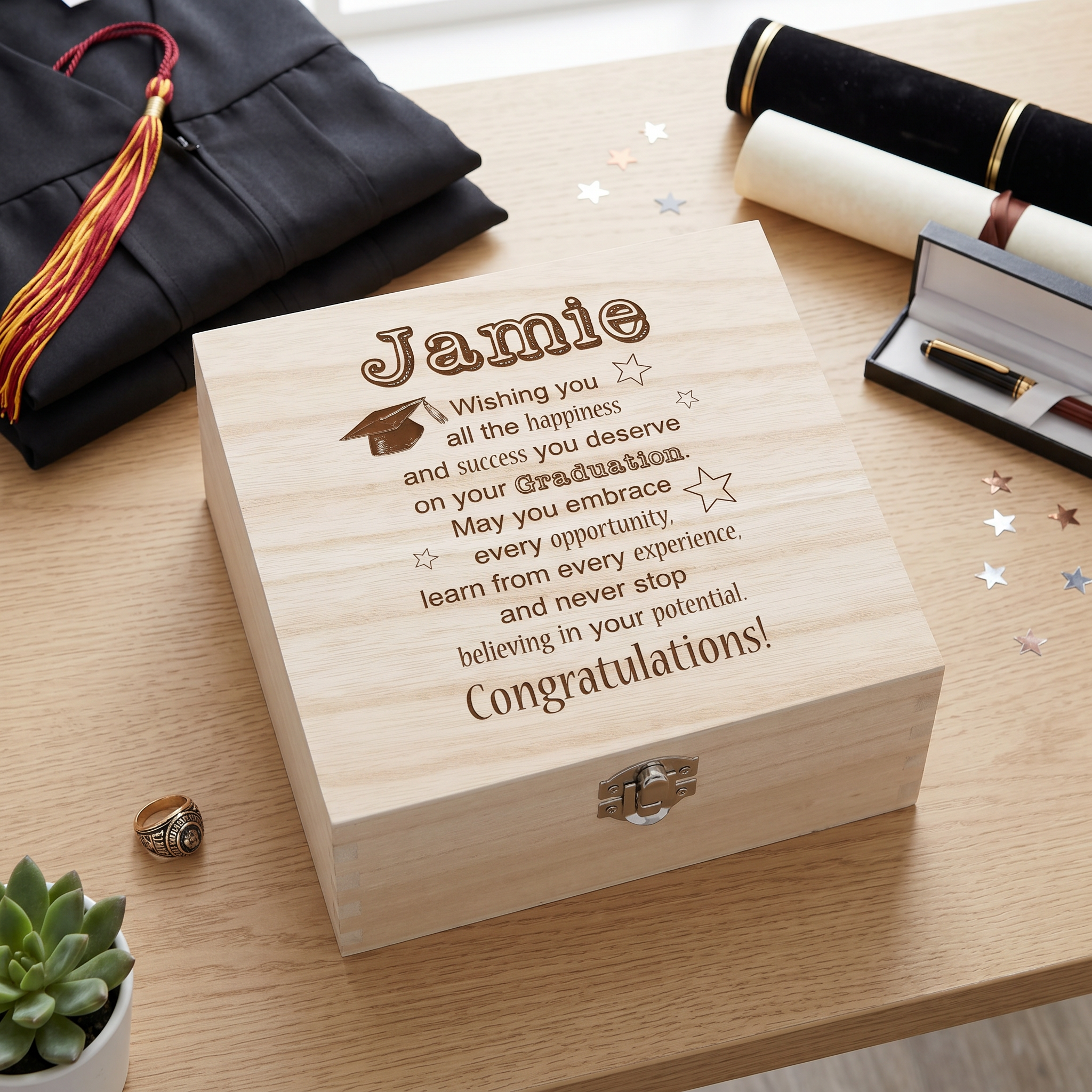 A wooden box with a personalized message engraved on it, placed on a wooden surface alongside a graduation cap, a graduation gown, and some confetti.