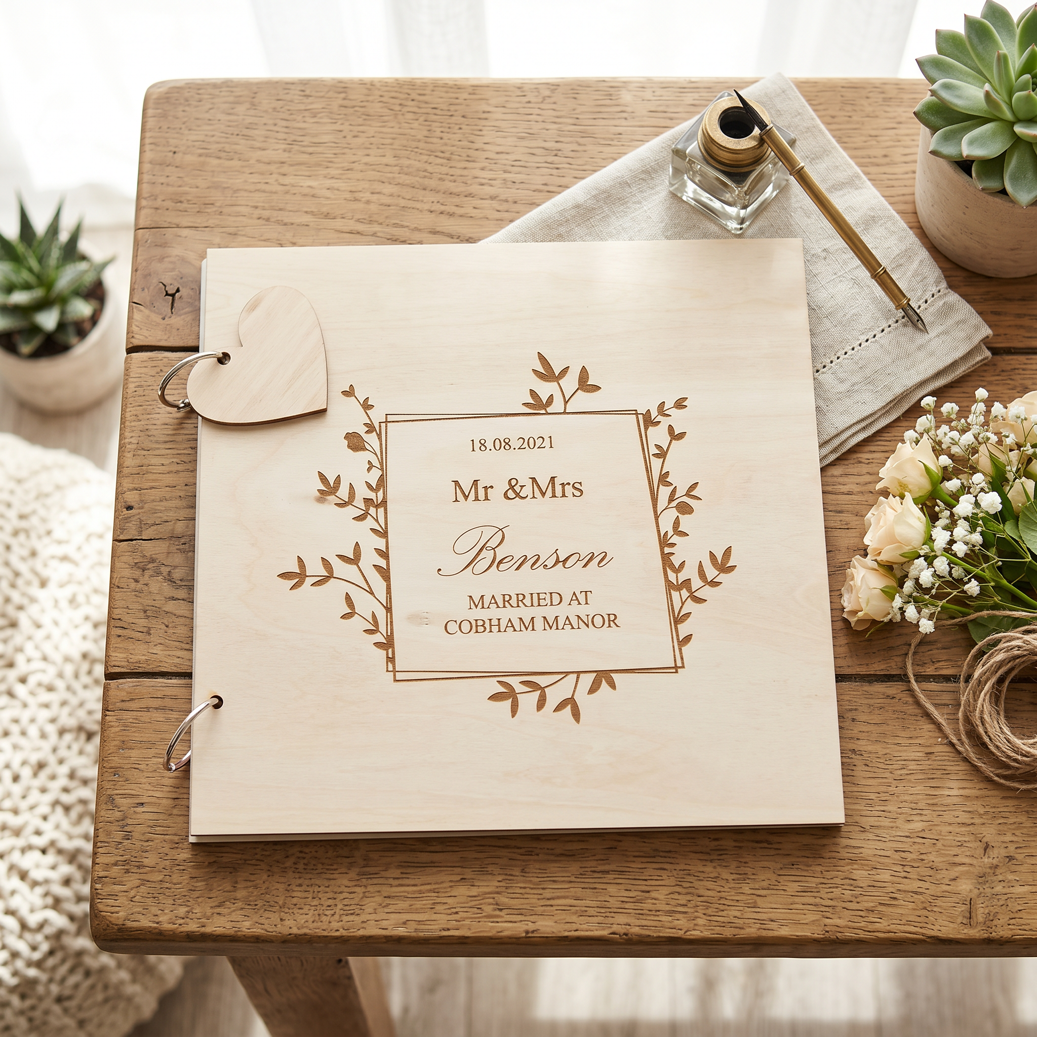 Personalised Wedding Day Wooden Engraved Guestbook Scrap Book Album Leaf Design Personalised Wedding Gift ukgiftstoreonline