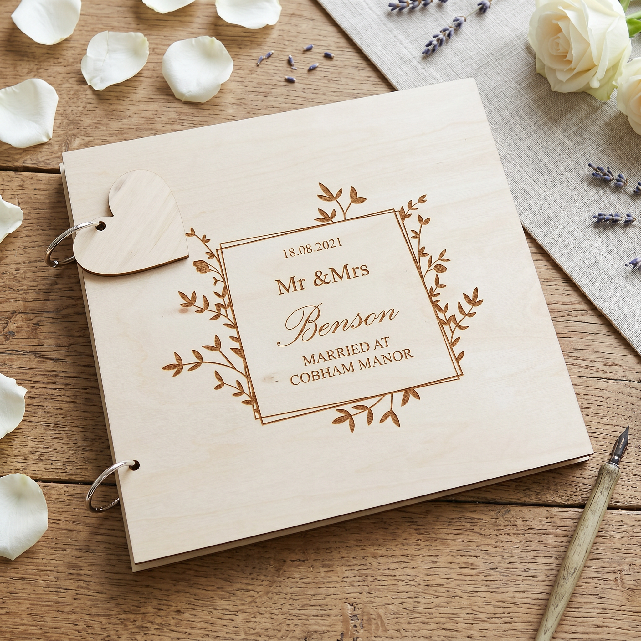 Personalised Wedding Day Wooden Engraved Guestbook Scrap Book Album Leaf Design Personalised Wedding Gift ukgiftstoreonline