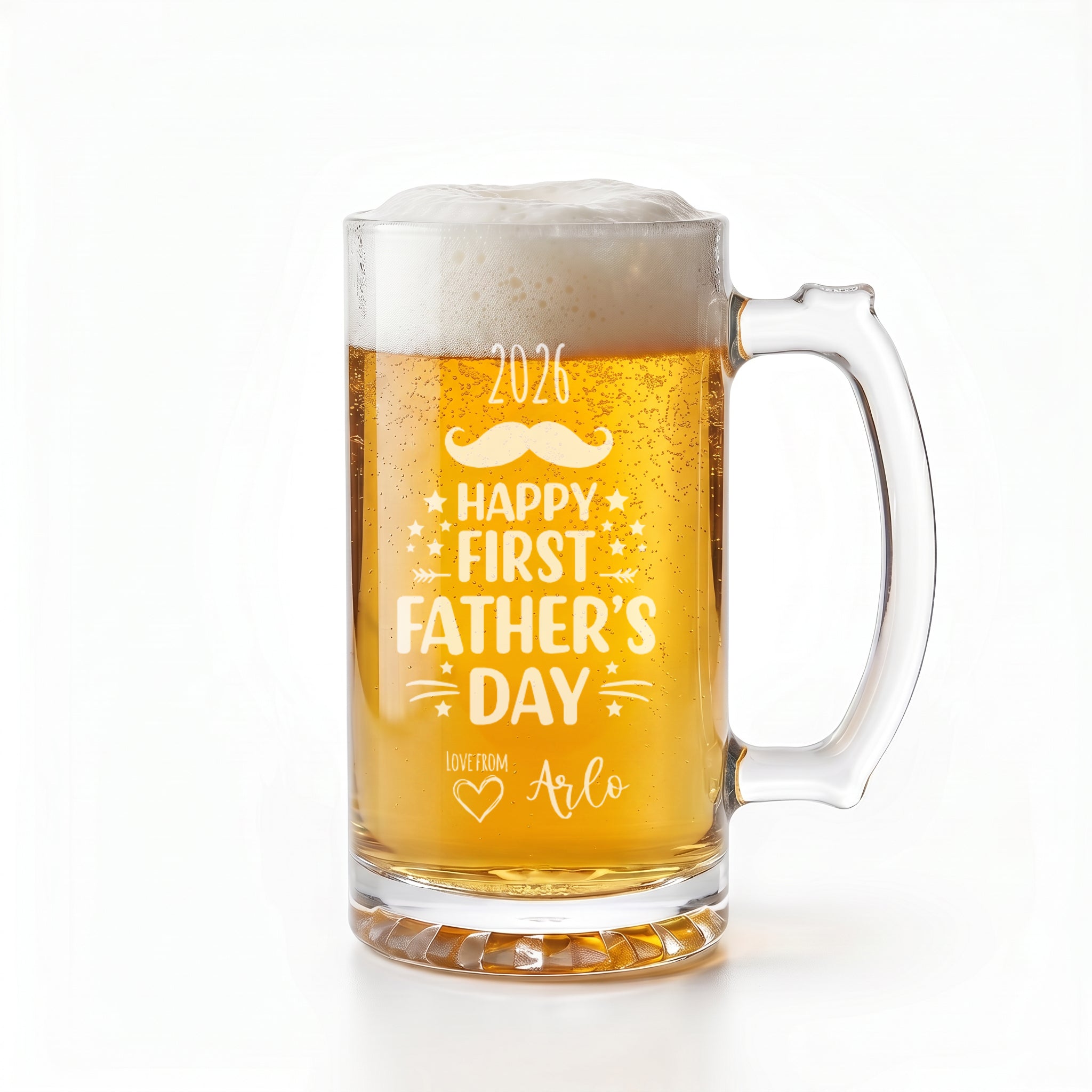 Engraved First Fathers Day Beer Glass Mug With Handle For New Dads and Grandads personalised beer glasses ukgiftstoreonline
