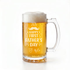 Engraved First Fathers Day Beer Glass Mug With Handle For New Dads and Grandads personalised beer glasses ukgiftstoreonline