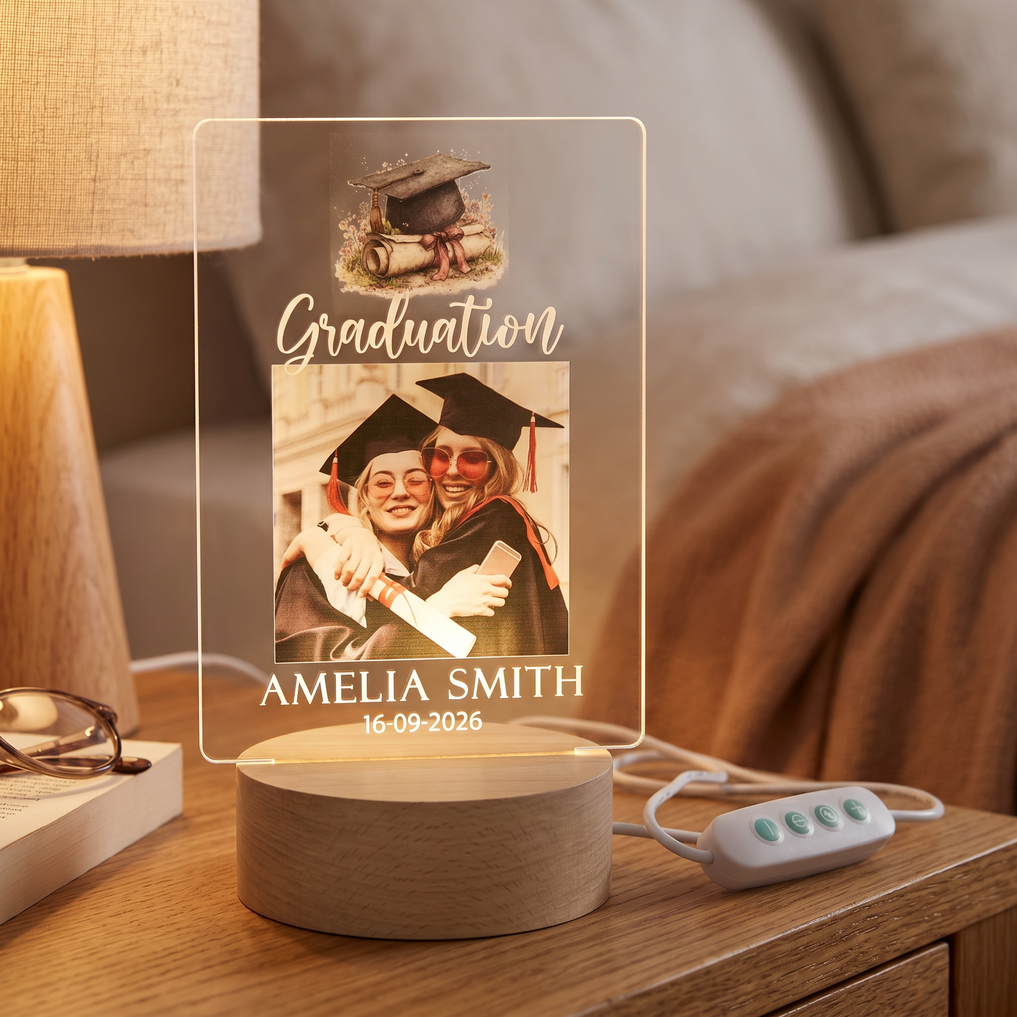 A graduation-themed lighted picture frame with a photo of two women wearing graduation caps and gowns, and the name "Amelia Smith" and the date "16-09-2026" printed on it.