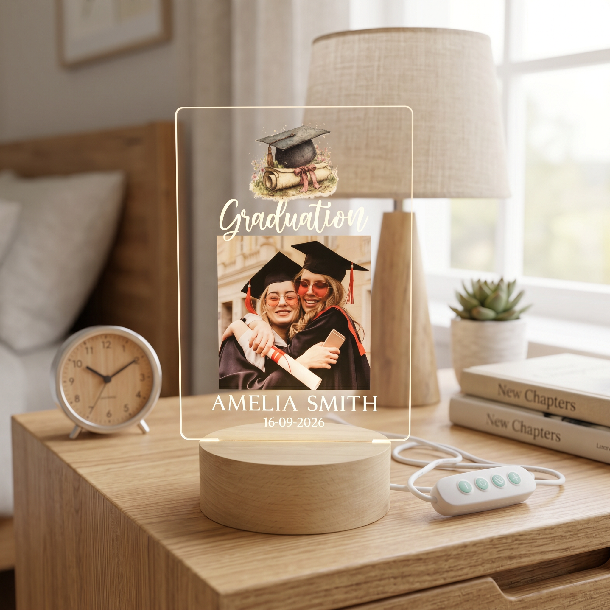 a graduation photo with the name "Amelia Smith" and the date "16.09.2026" displayed on an illuminated frame, placed on a wooden nightstand next to a lamp and some books.
