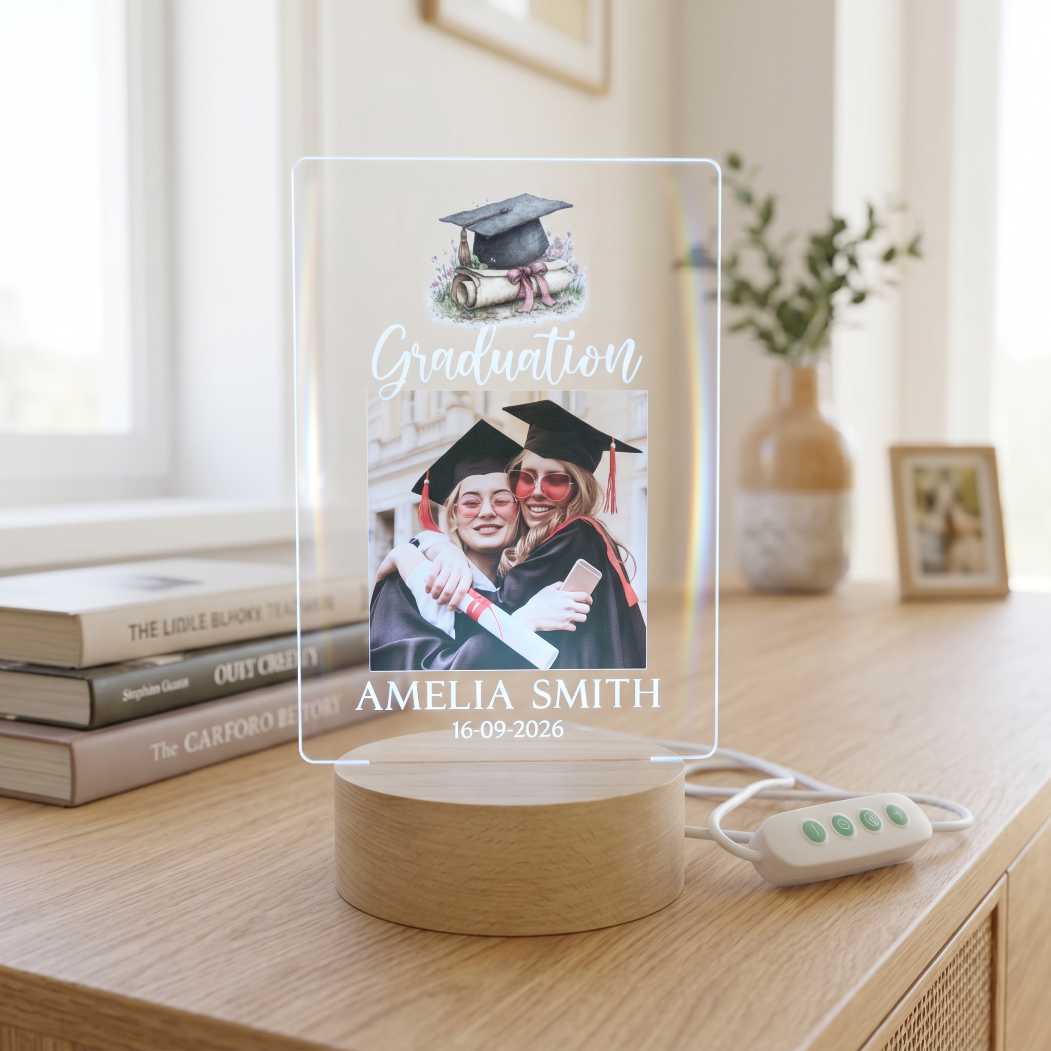 a graduation celebration with a photo of two women in caps and gowns, surrounded by graduation-related items such as a graduation cap, mortarboard, and a vase with greenery.