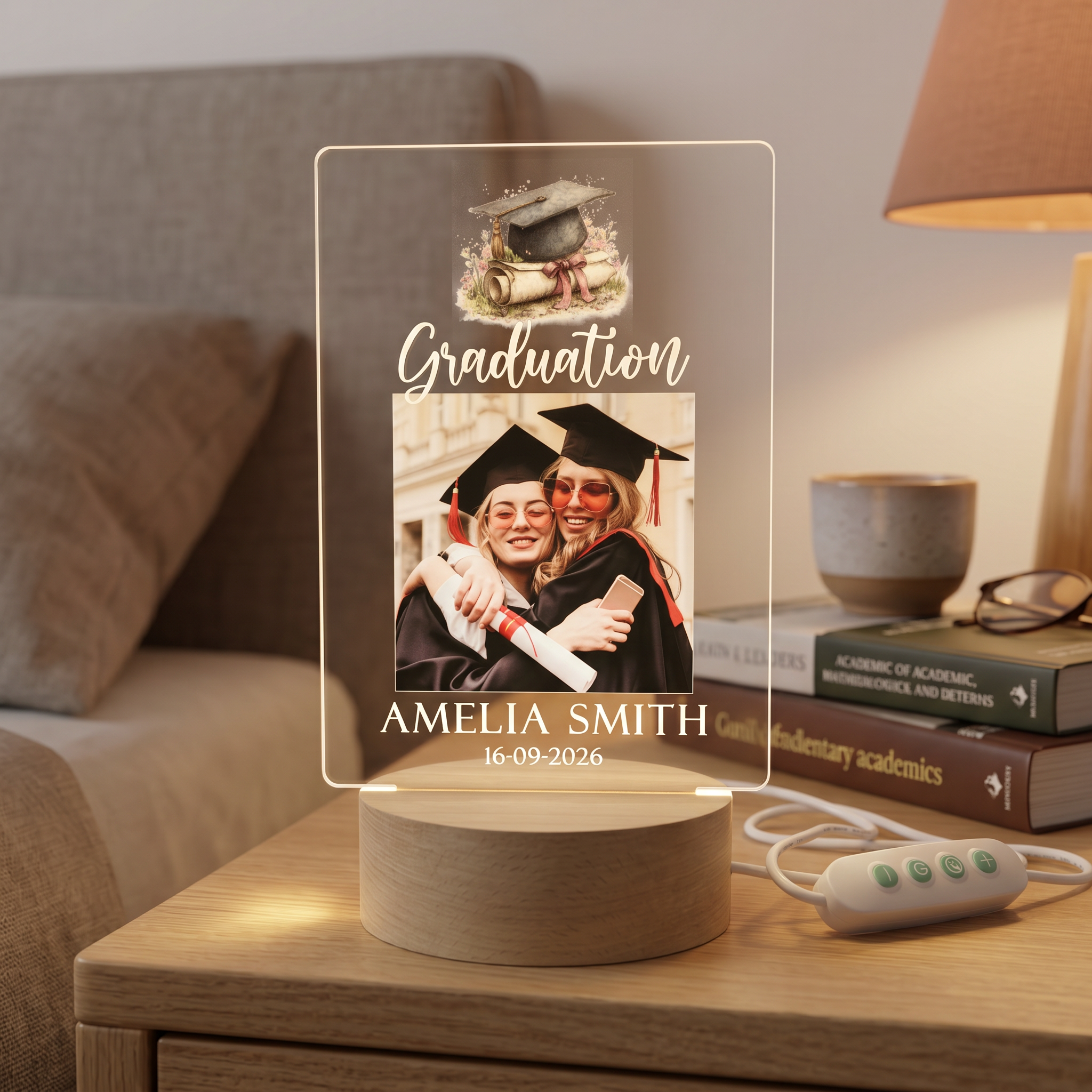 a graduation photo with the name "Amelia Smith" and the date "16.09.2026" displayed on an illuminated wooden stand.