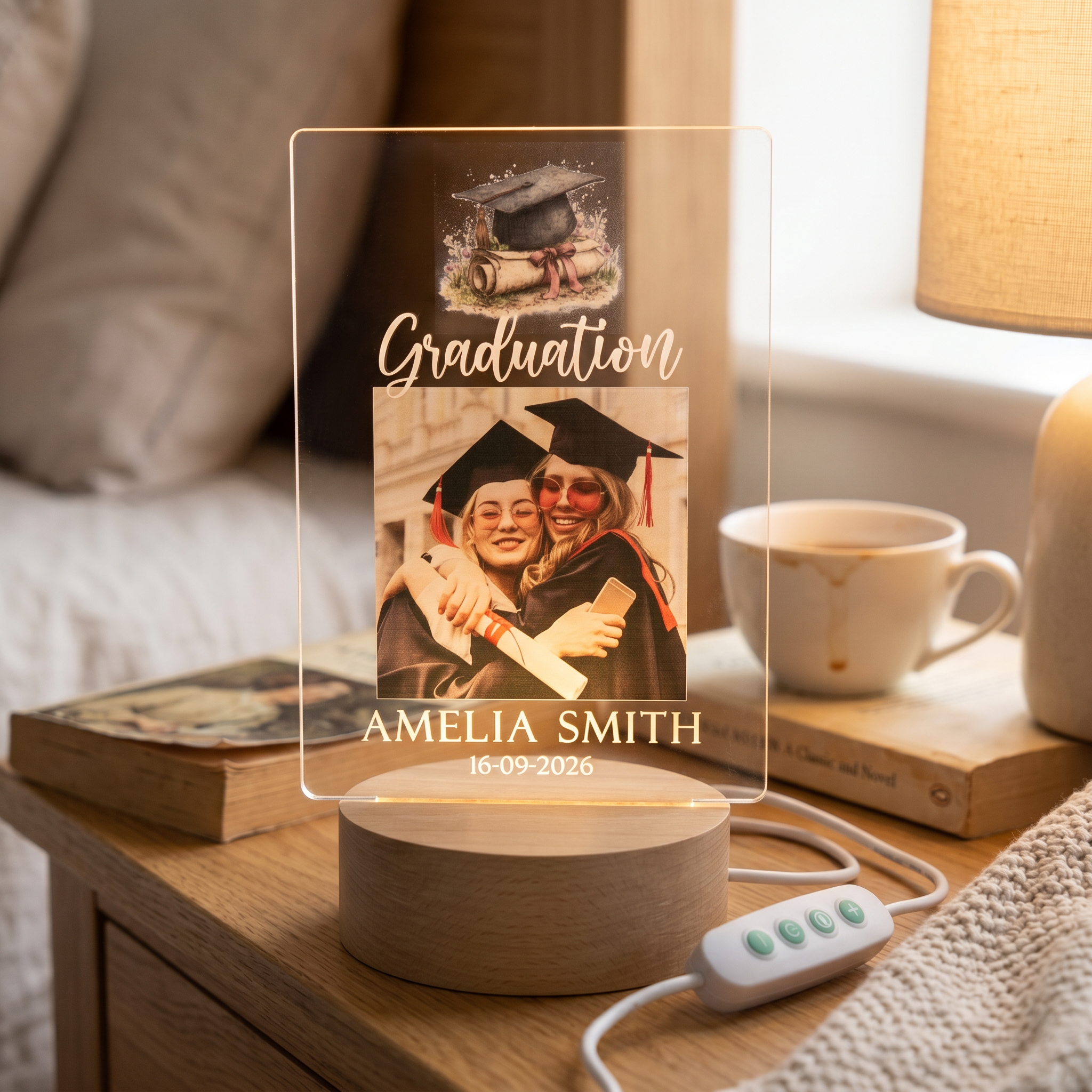 a graduation-themed lighted display with a photo of two women wearing graduation caps and gowns, along with the name "Amelia Smith" and the date "16-09-2026".