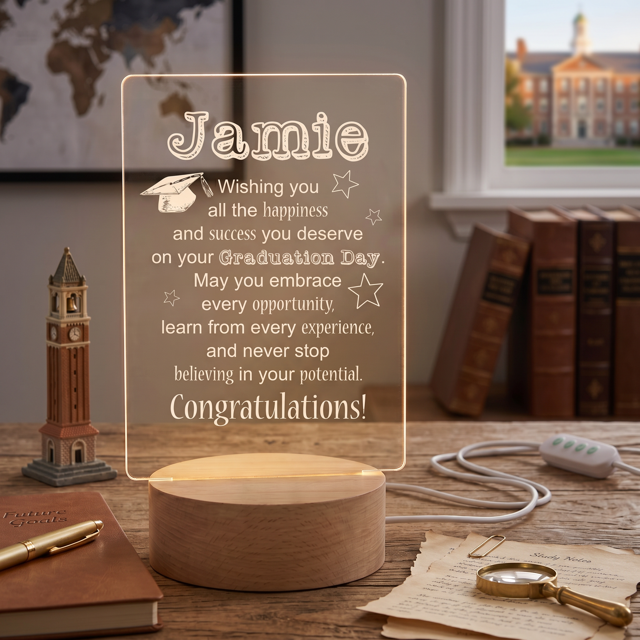 a wooden desk with various items on it, including a lighted sign that says "Wishing you all the happiness and success you deserve on your graduation day. May you embrace every opportunity, learn from every experience, and never stop believing in your potential. Congratulations!" The desk also has a small clock, a magnifying glass, and some books.