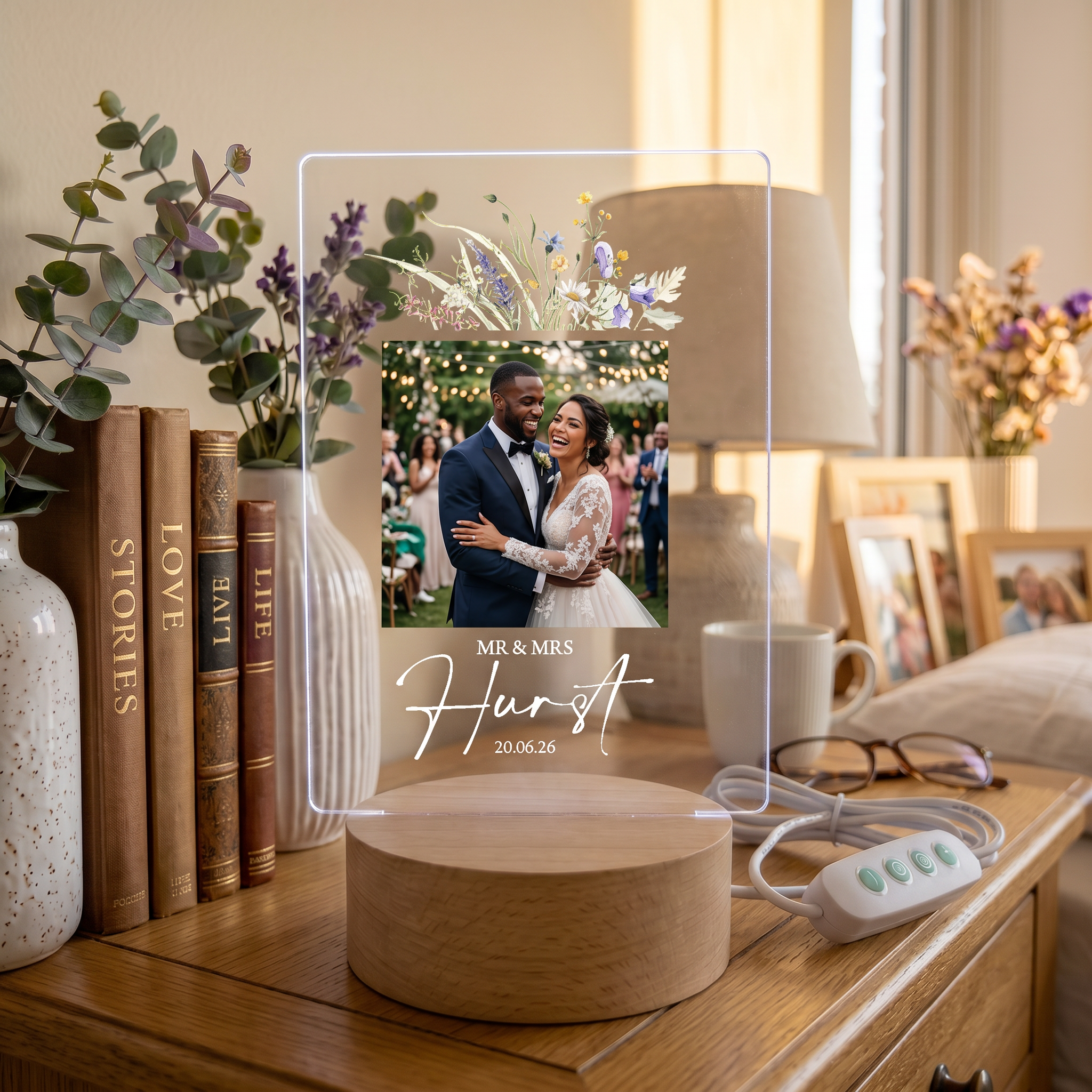 Personalised Wedding or Anniversary Photo Frame – LED Light Up Acrylic Keepsake Gift (USB Powered) ukgiftstoreonline
