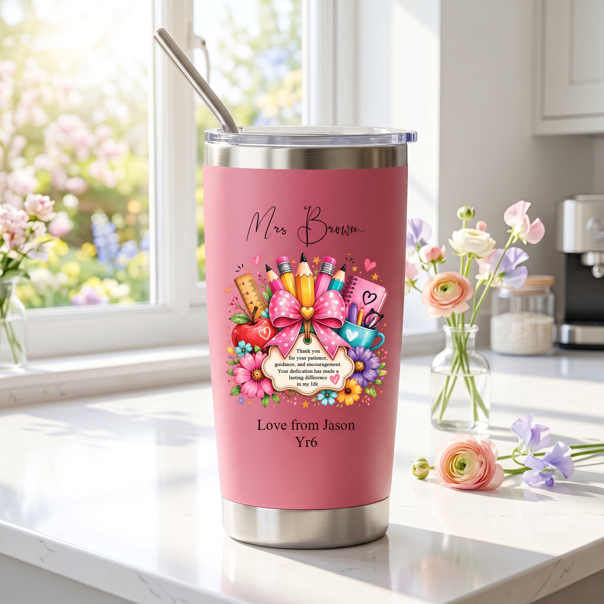A pink insulated tumbler with a personalized message and illustrations, placed on a kitchen counter with flowers and a vase nearby.