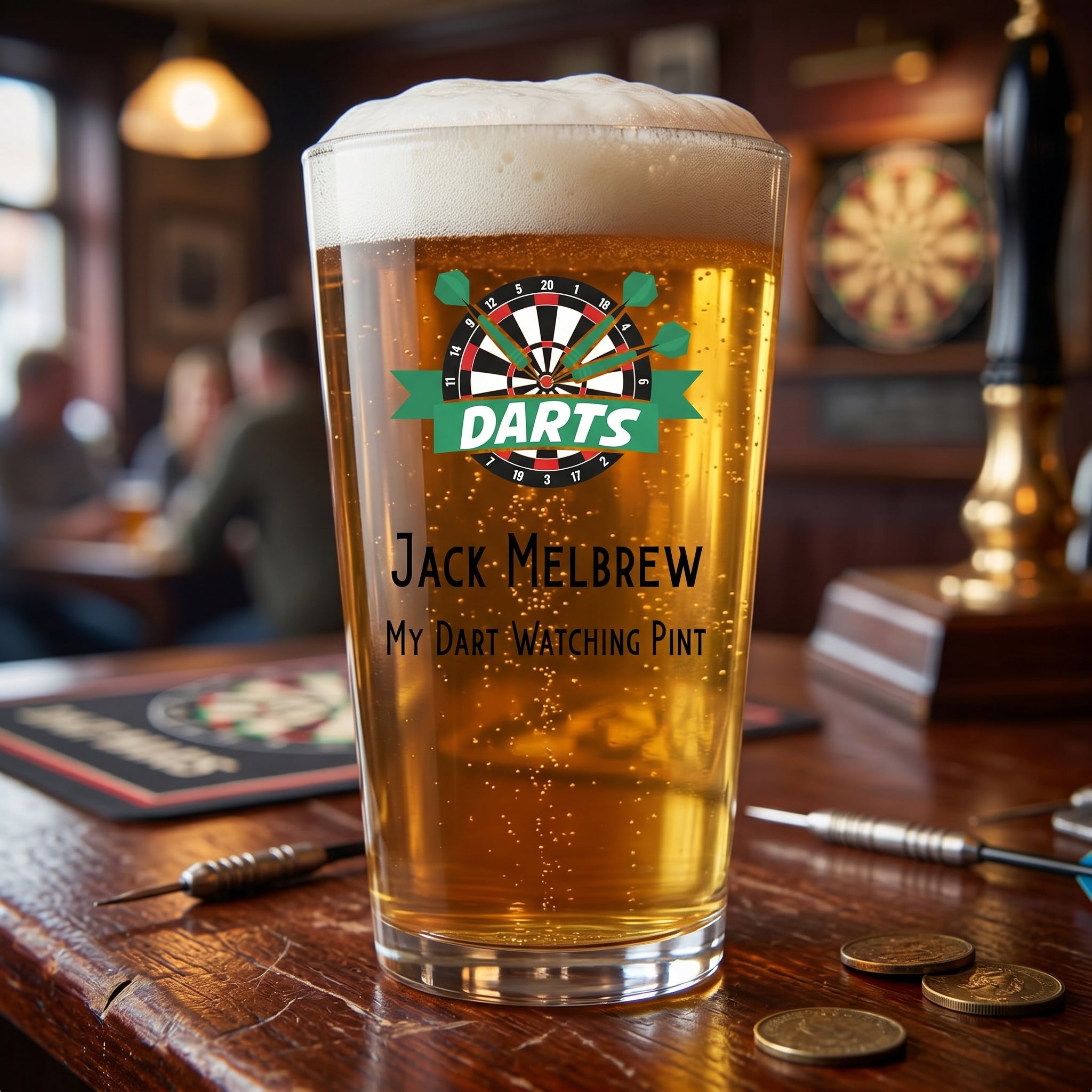 Personalised Darts Themed Beer Glass Gift For Birthday Or Events personalised beer glasses ukgiftstoreonline