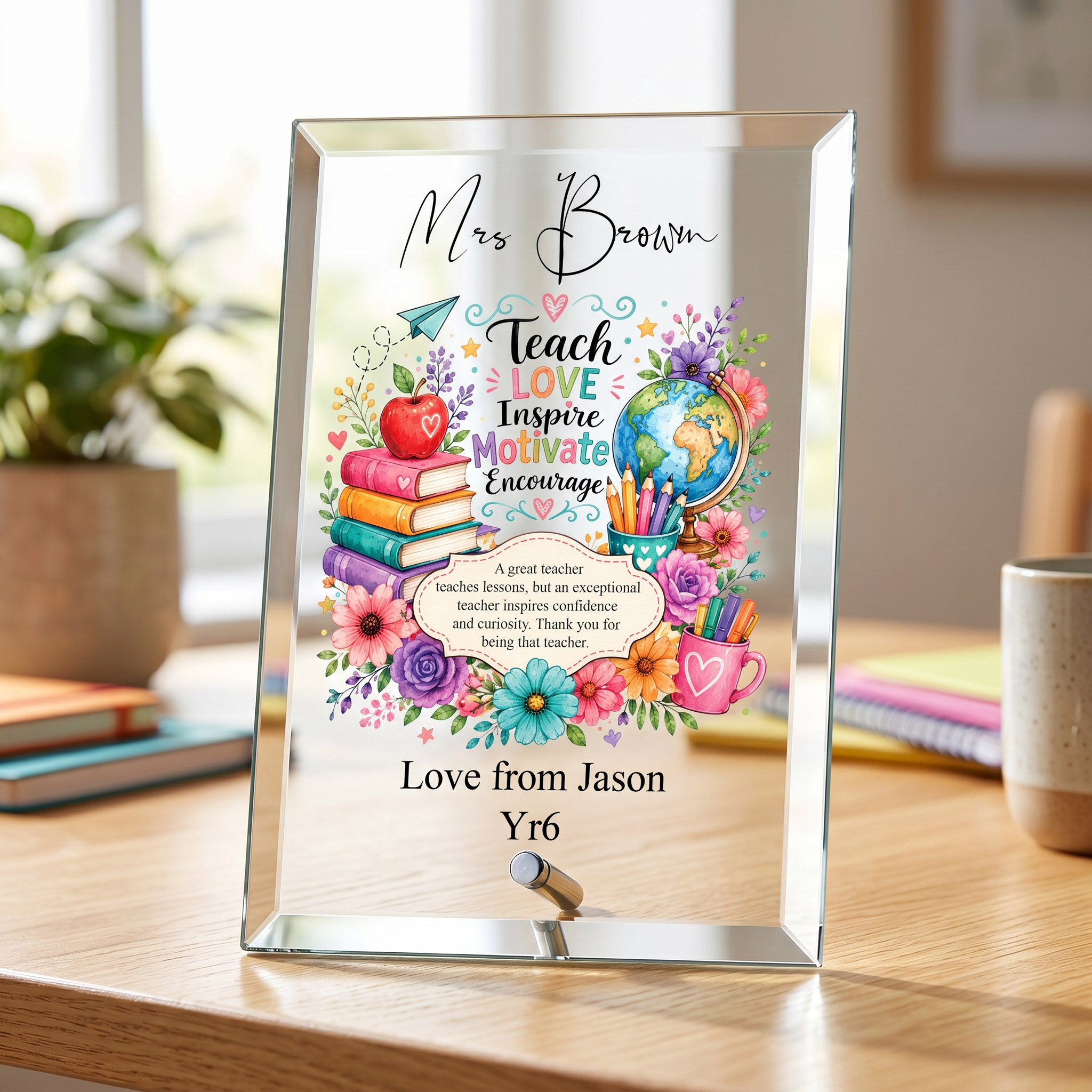 Personalised Teacher Gift Plaque, Keepsake, Motivate Quote (18cm x 13cm, Thick Glass, Custom Print) ukgiftstoreonline