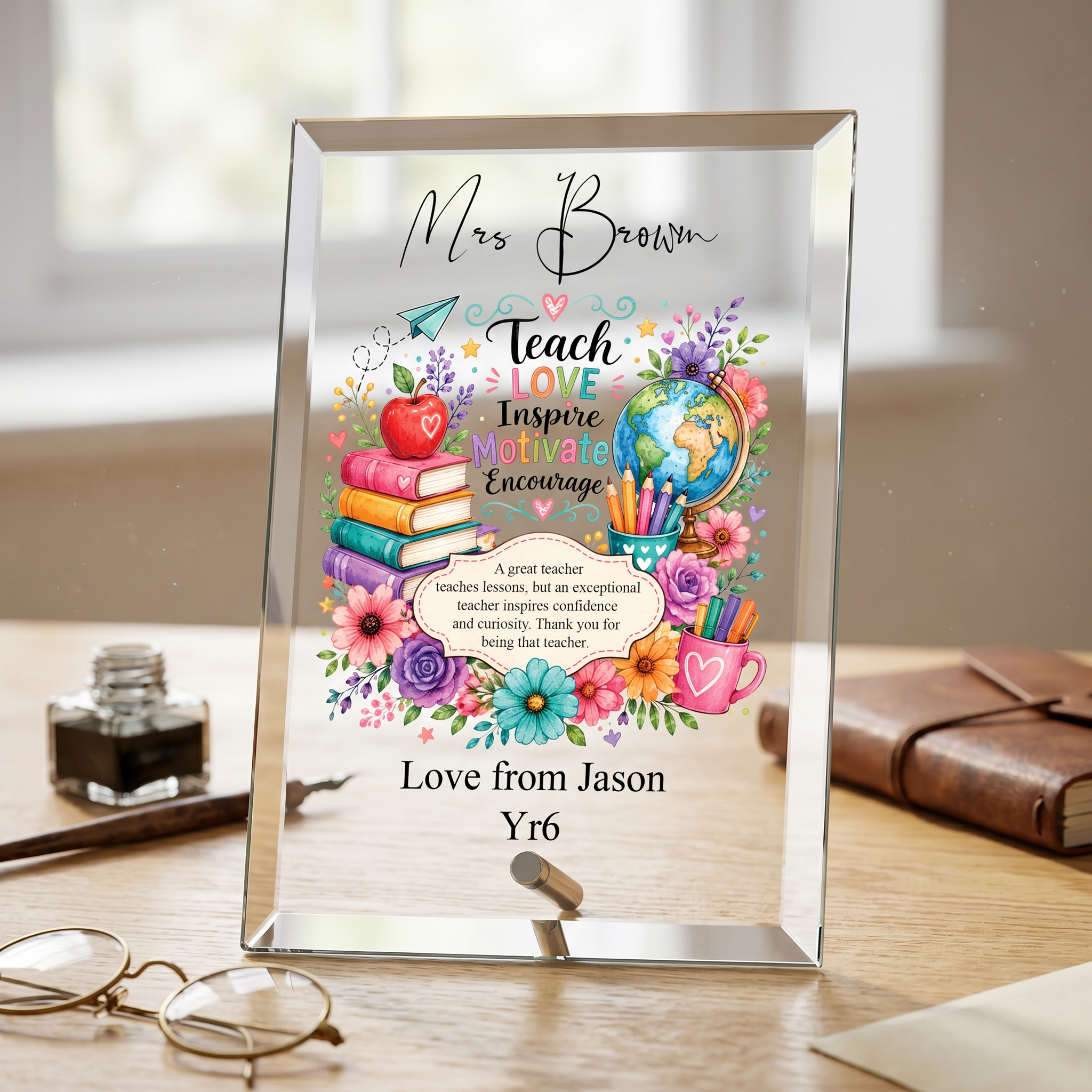 Personalised Teacher Gift Plaque, Keepsake, Motivate Quote (18cm x 13cm, Thick Glass, Custom Print) ukgiftstoreonline