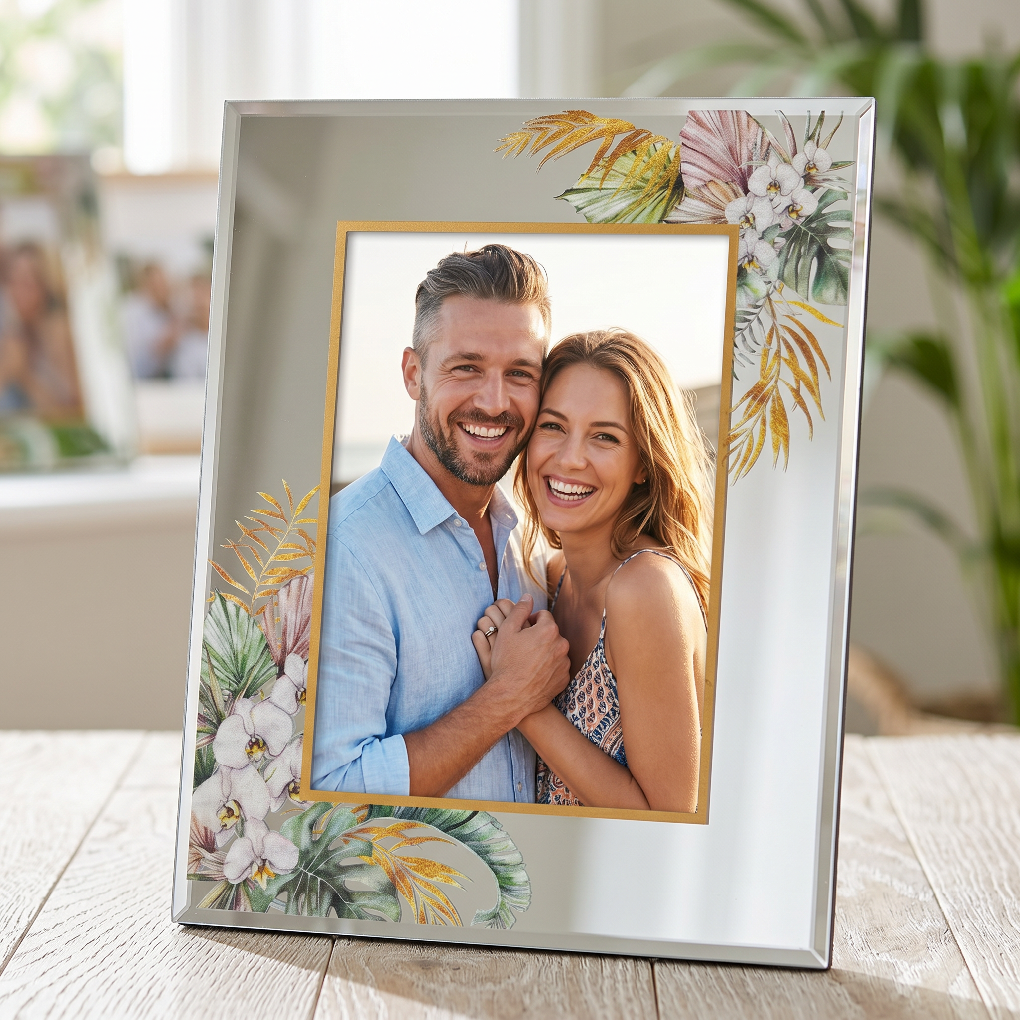 Tropical Glass Photo Frame – 5x7 Photo Frame With Mirror Silver & Copper Foil Border photo frame ukgiftstoreonline