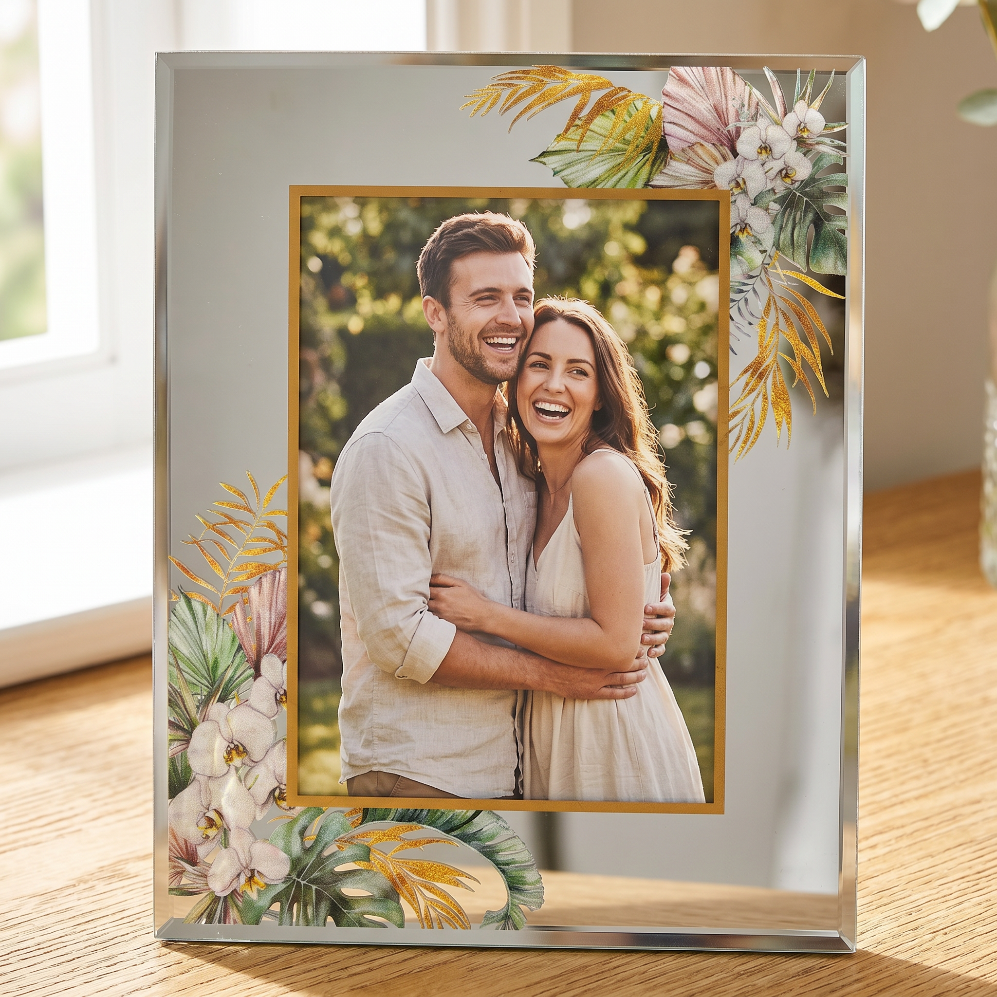 Tropical Glass Photo Frame – 5x7 Photo Frame With Mirror Silver & Copper Foil Border photo frame ukgiftstoreonline