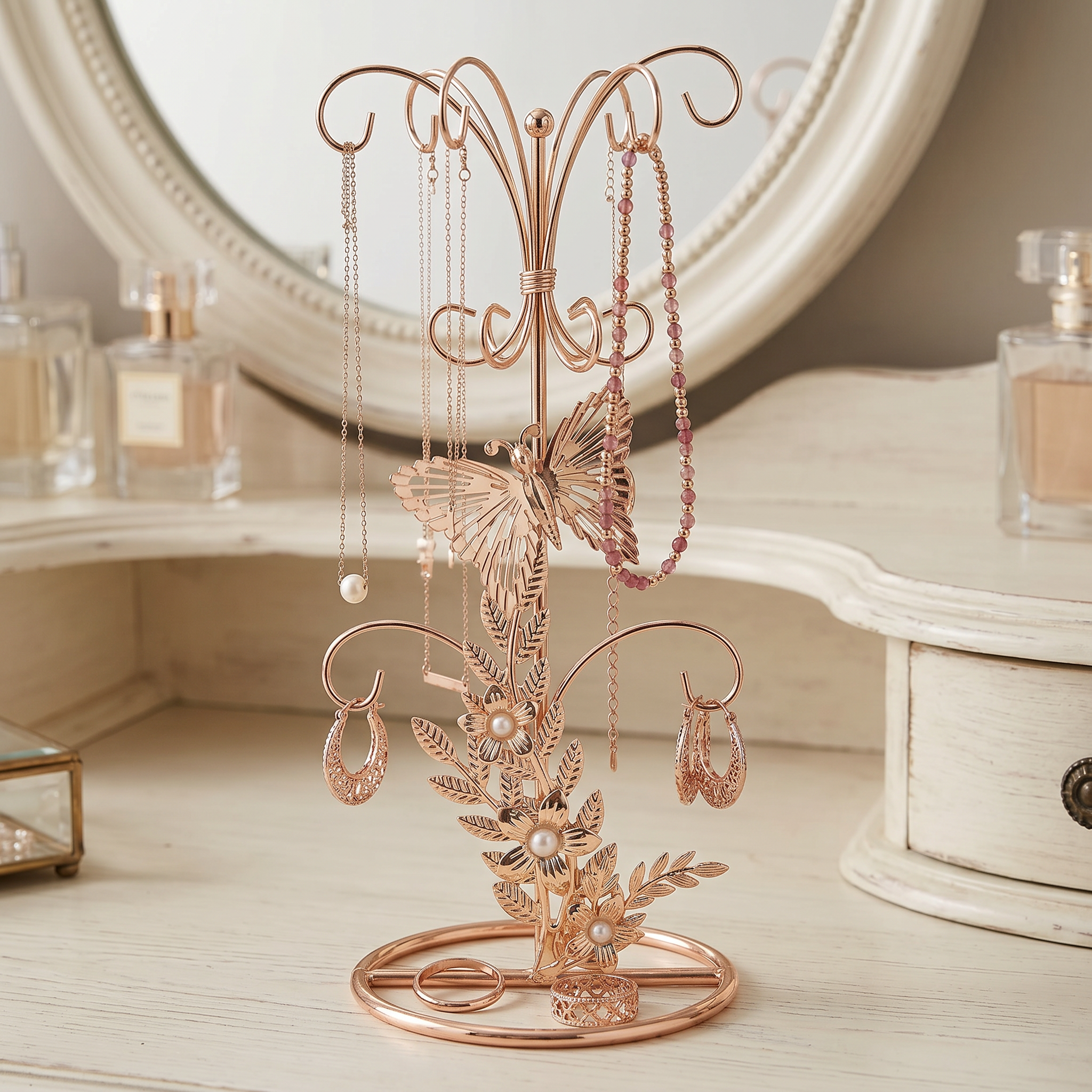 Vintage Style gold metal jewellery stand, with flowers and butterflies 22.5cm tall ukgiftstoreonline