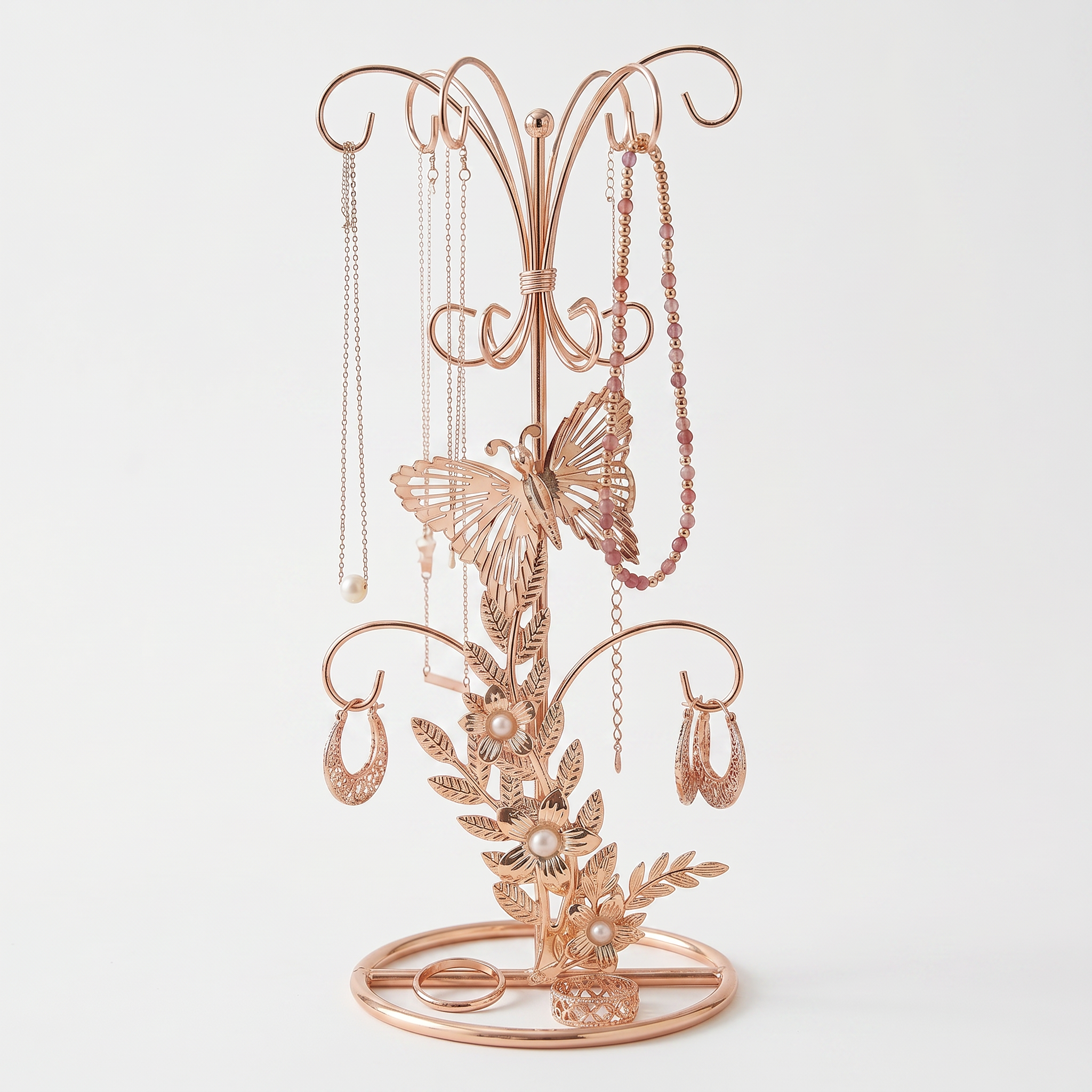 Vintage Style gold metal jewellery stand, with flowers and butterflies 22.5cm tall ukgiftstoreonline