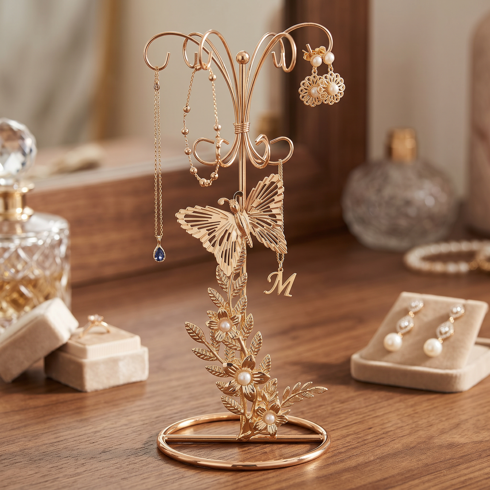 Vintage Style gold metal jewellery stand, with flowers and butterflies 22.5cm tall ukgiftstoreonline