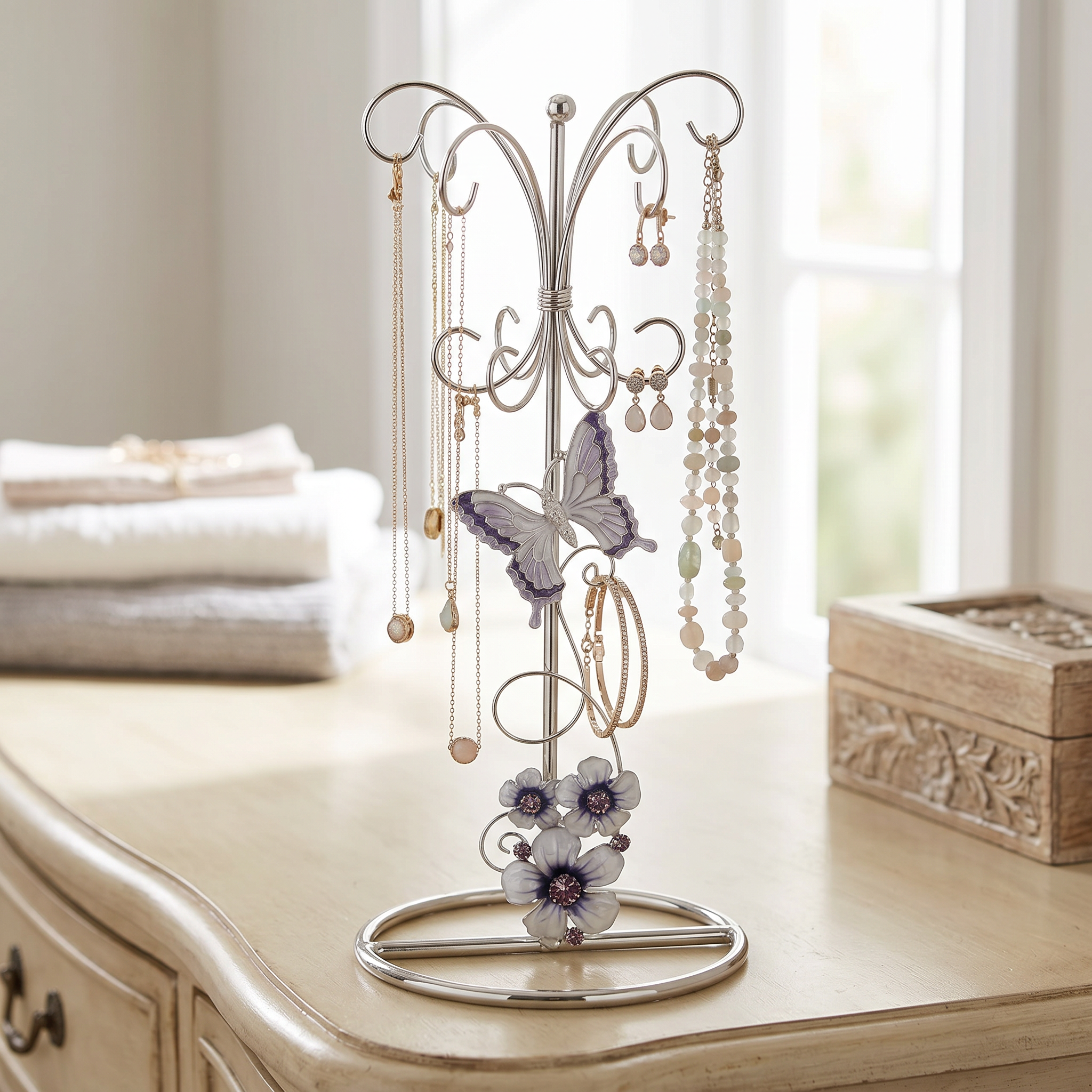 Vintage Style metal enamelled jewellery stand, with purple flowers and butterflies 22.5cm tall ukgiftstoreonline