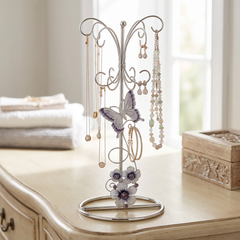 Vintage Style metal enamelled jewellery stand, with purple flowers and butterflies 22.5cm tall ukgiftstoreonline