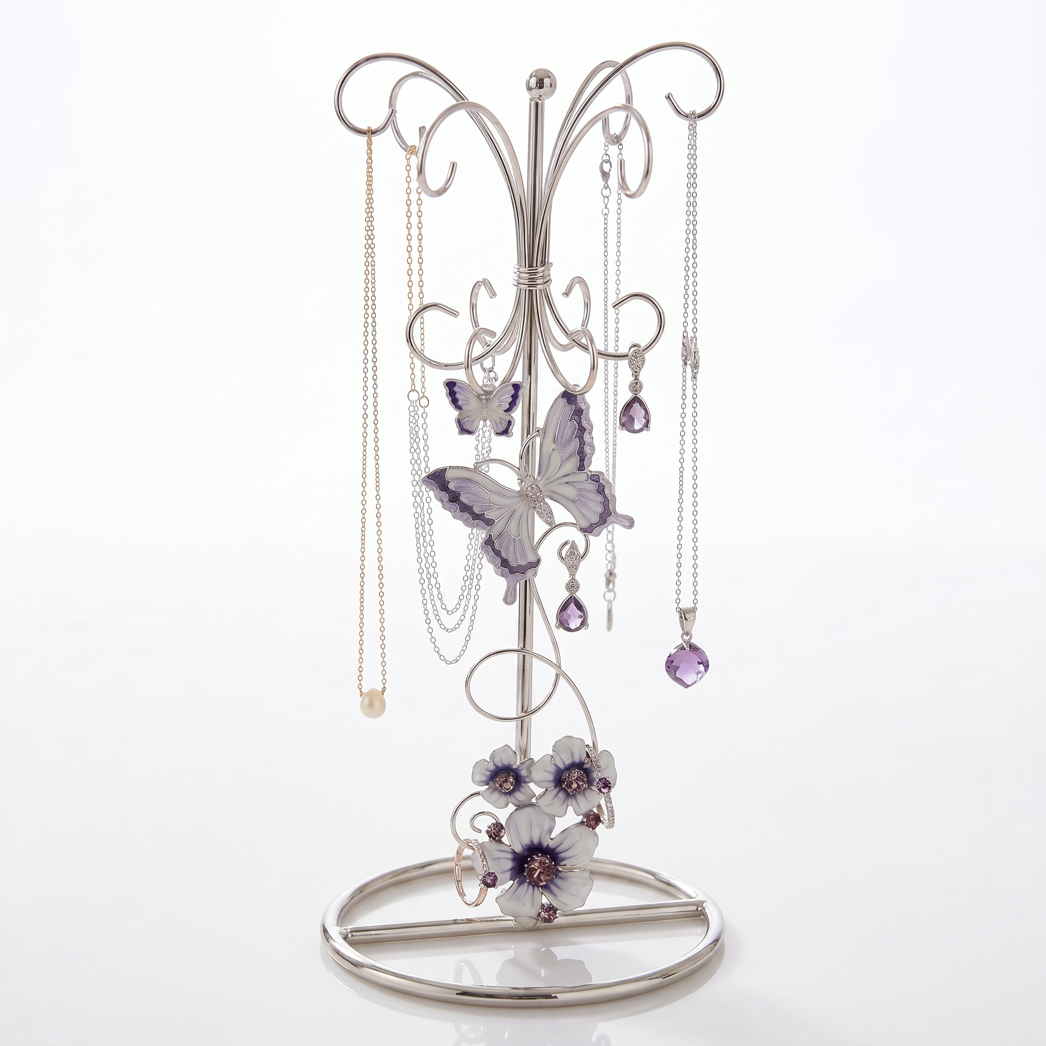 Vintage Style metal enamelled jewellery stand, with purple flowers and butterflies 22.5cm tall ukgiftstoreonline