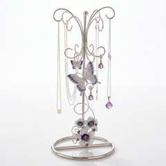 Vintage Style metal enamelled jewellery stand, with purple flowers and butterflies 22.5cm tall ukgiftstoreonline