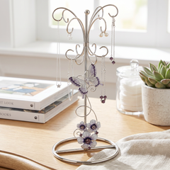 Vintage Style metal enamelled jewellery stand, with purple flowers and butterflies 22.5cm tall ukgiftstoreonline