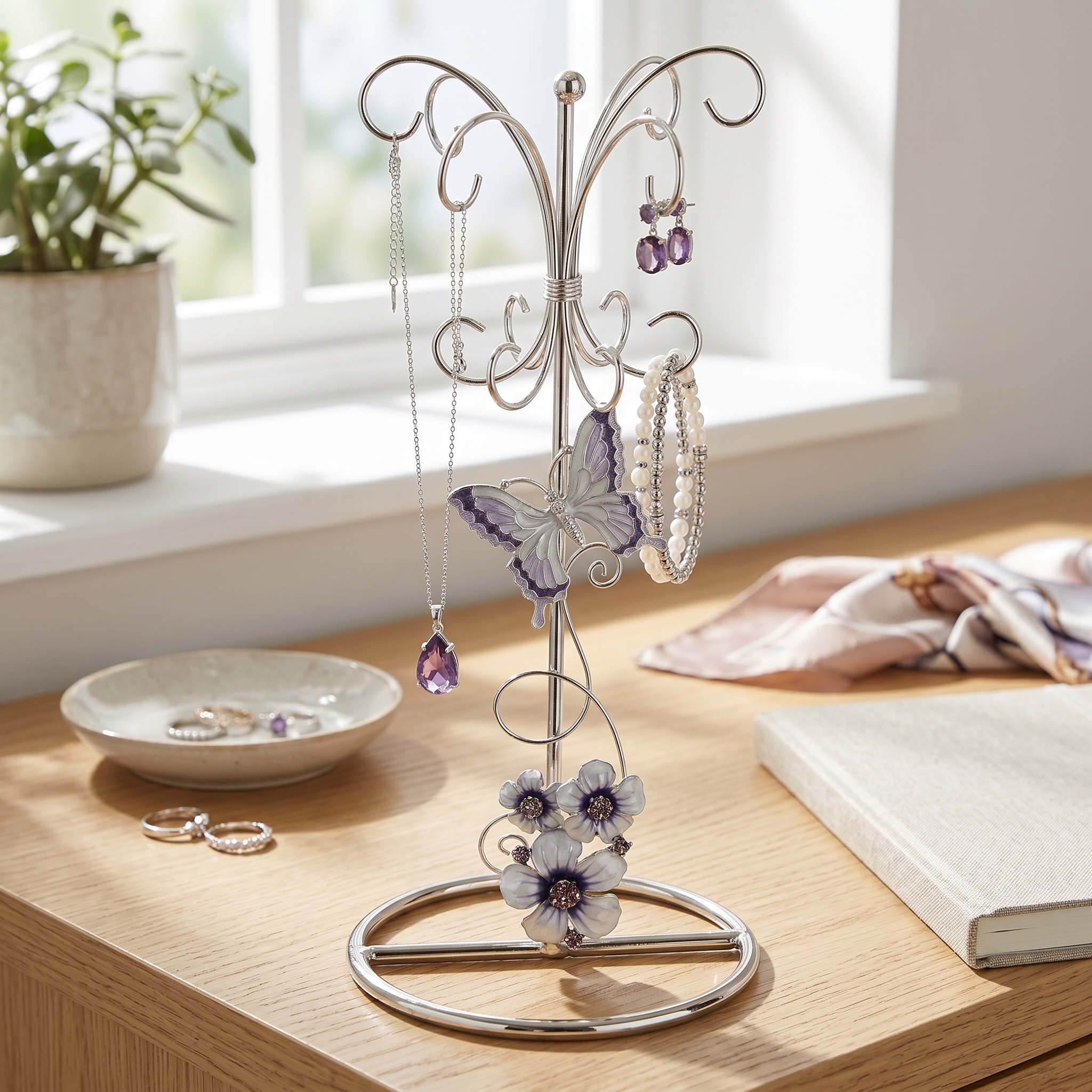 Vintage Style metal enamelled jewellery stand, with purple flowers and butterflies 22.5cm tall ukgiftstoreonline