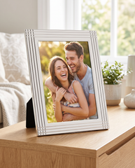 Silver Photo Frame - Striped Metal Plated Frame 4x6 & 5x7 With Stand