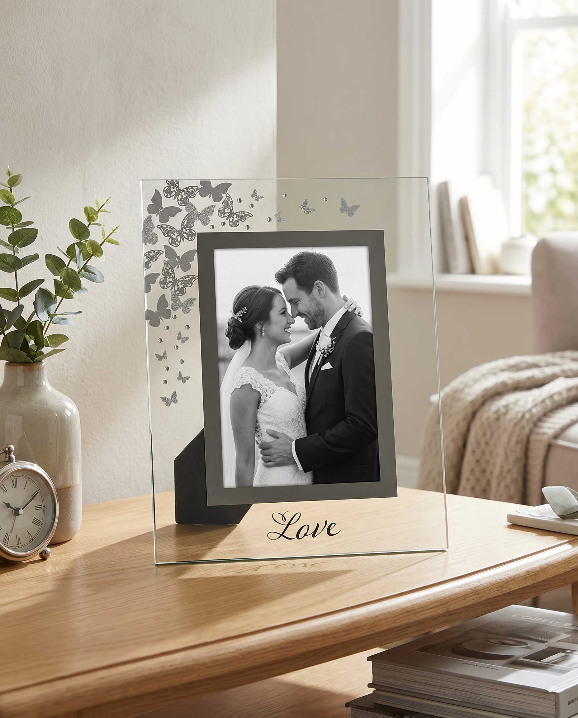 Glass and Butterfly Love Photo Frame Ideal For Wedding, Anniversaries and Engagements 4" x 6" photo frame ukgiftstoreonline