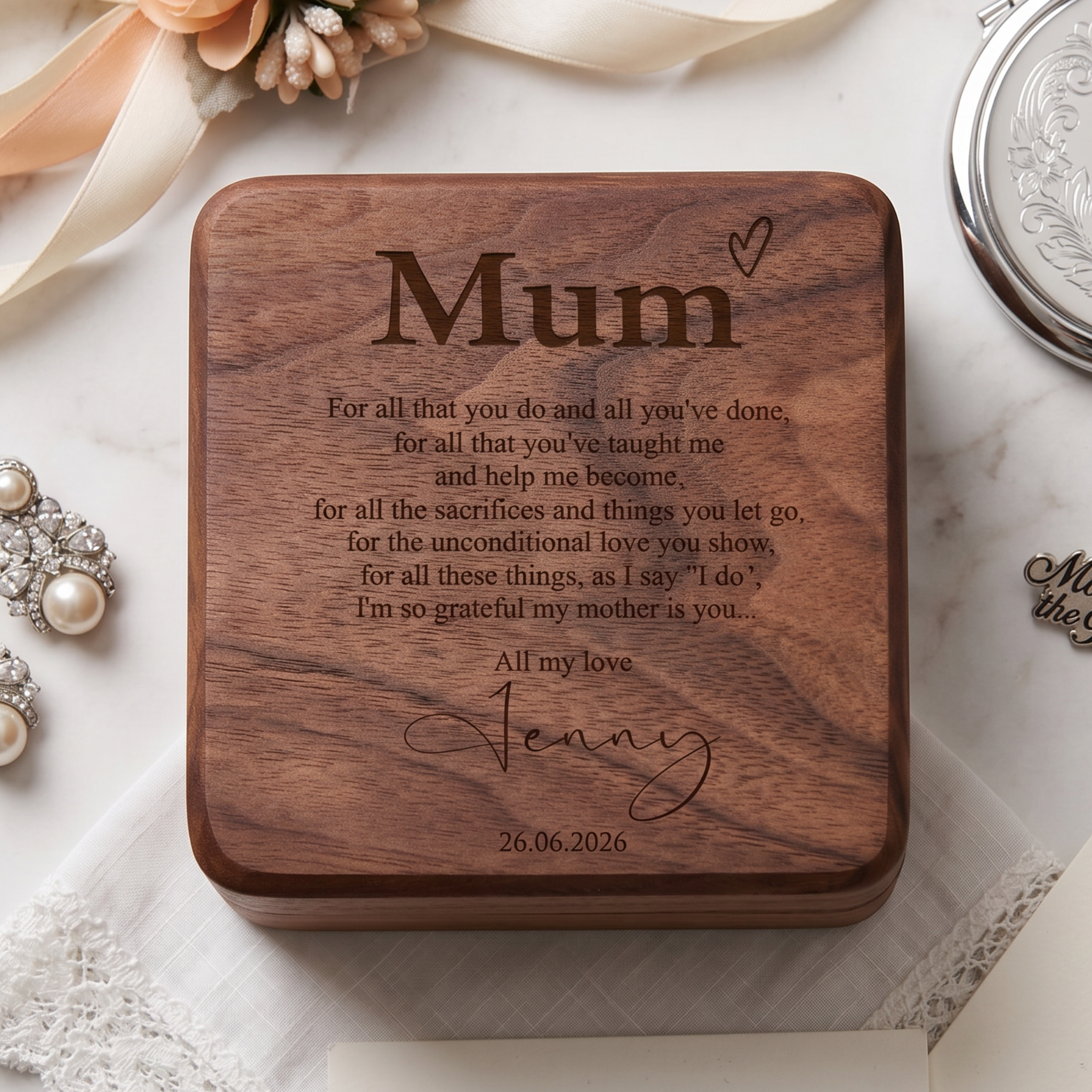 Engraved Walnut Jewellery Box - Personalised Mother Of The Bride Gift With Velvet Lined Case Personalised Jewellery Box ukgiftstoreonline