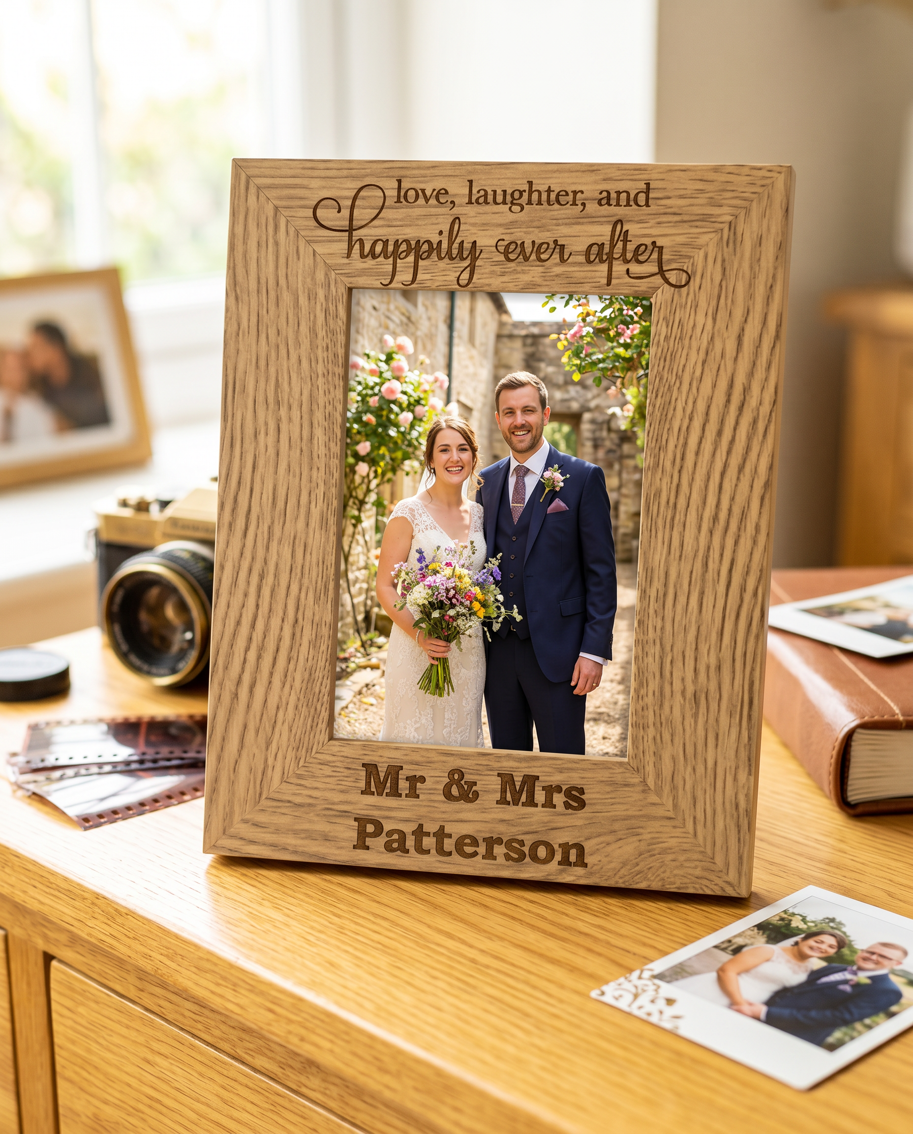 Personalised Engraved Wooden Wedding Photo Frame Love Laughter Happily Ever After wedding photo frame ukgiftstoreonline