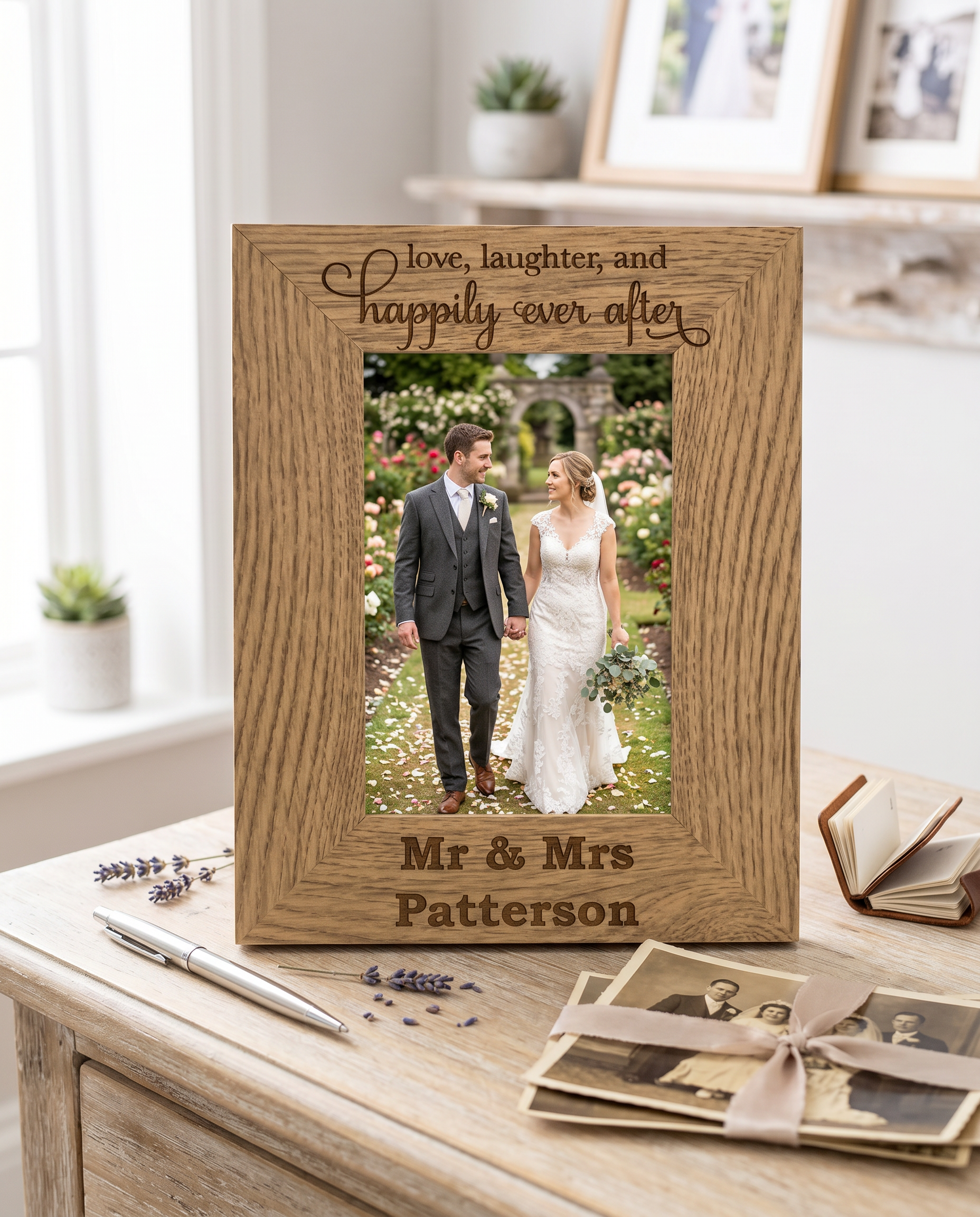 Personalised Engraved Wooden Wedding Photo Frame Love Laughter Happily Ever After wedding photo frame ukgiftstoreonline