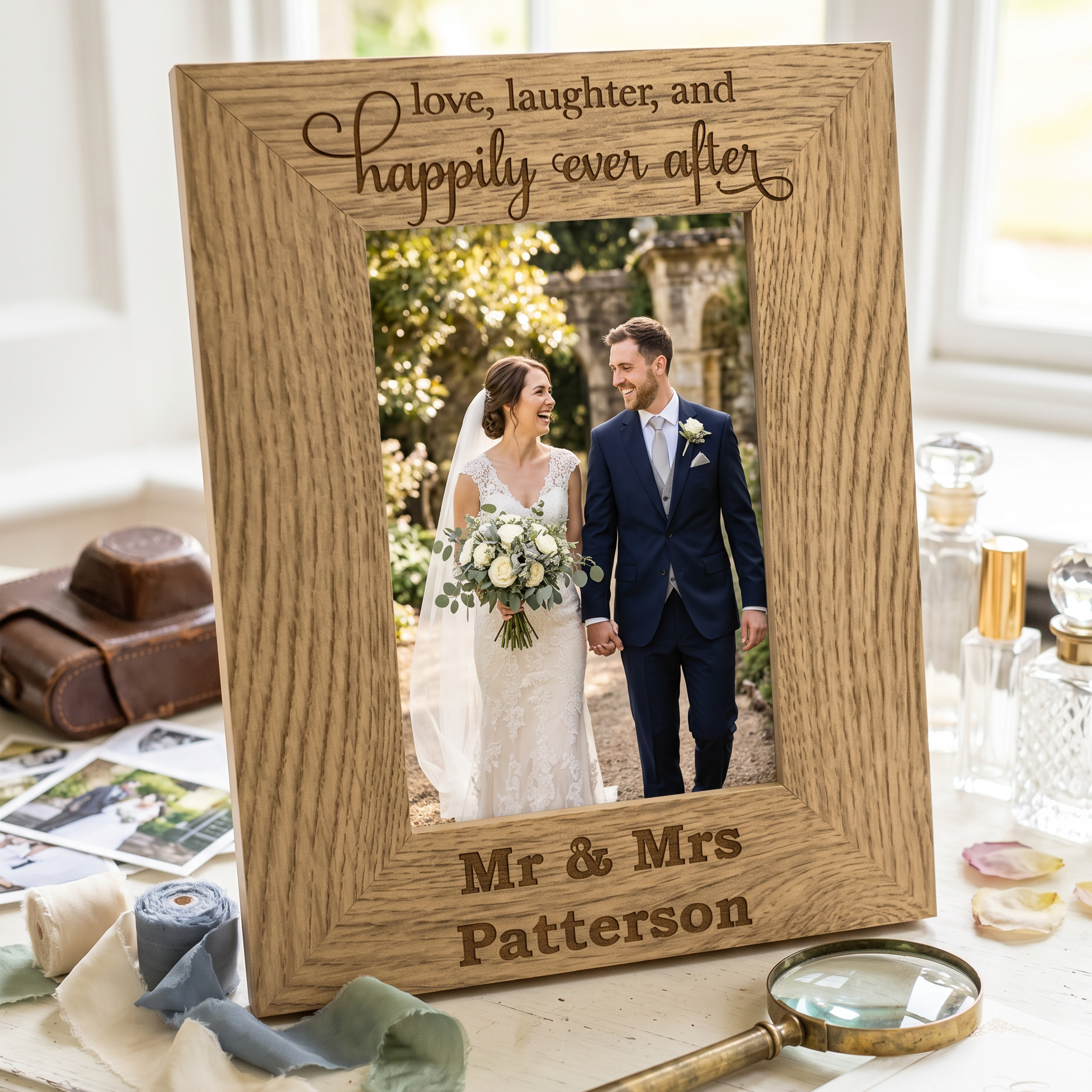 Personalised Engraved Wooden Wedding Photo Frame Love Laughter Happily Ever After wedding photo frame ukgiftstoreonline